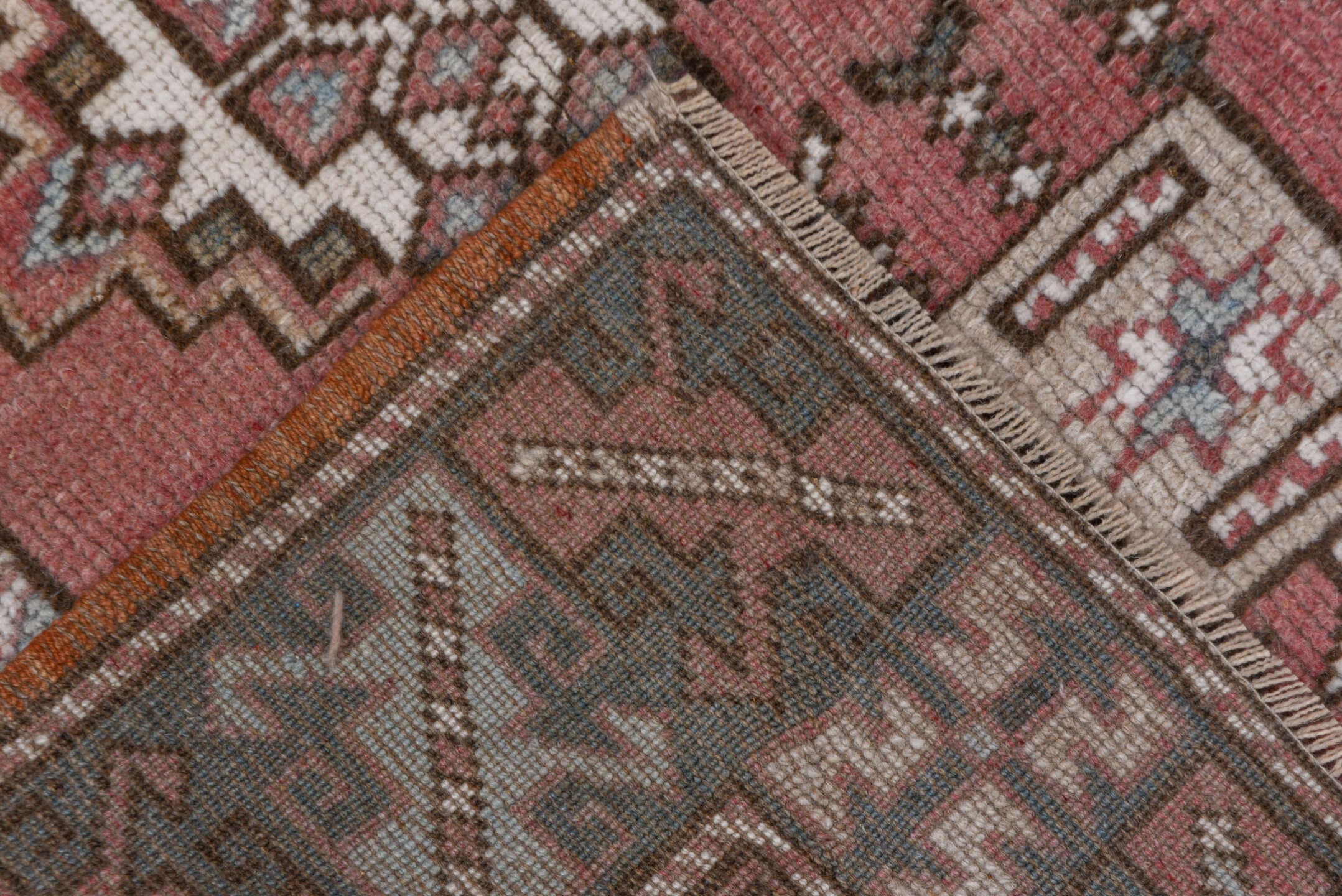 2' x 4' one-of-a-kind handmade vintage Oushak small size rug. Color palette: rose, taupe, slate, ivory, brown, dusty pink
