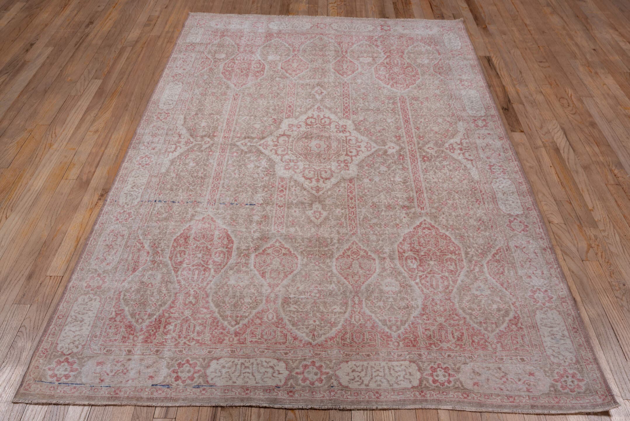 5' x 8' one-of-a-kind handmade vintage Oushak medium size rug. Color palette: ivory, blush, taupe, rose, beige, pink, gray