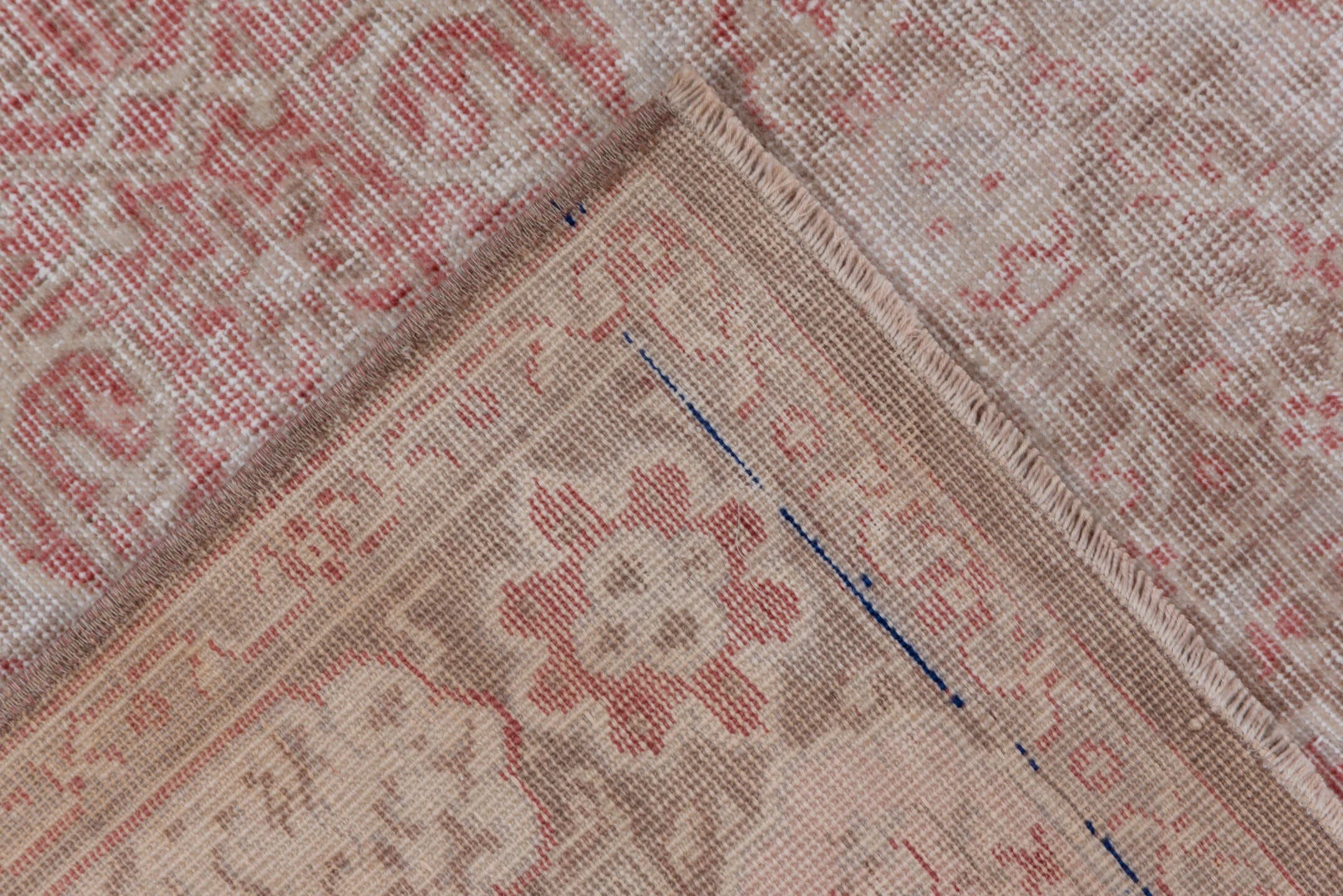 5' x 8' one-of-a-kind handmade vintage Oushak medium size rug. Color palette: ivory, blush, taupe, rose, beige, pink, gray