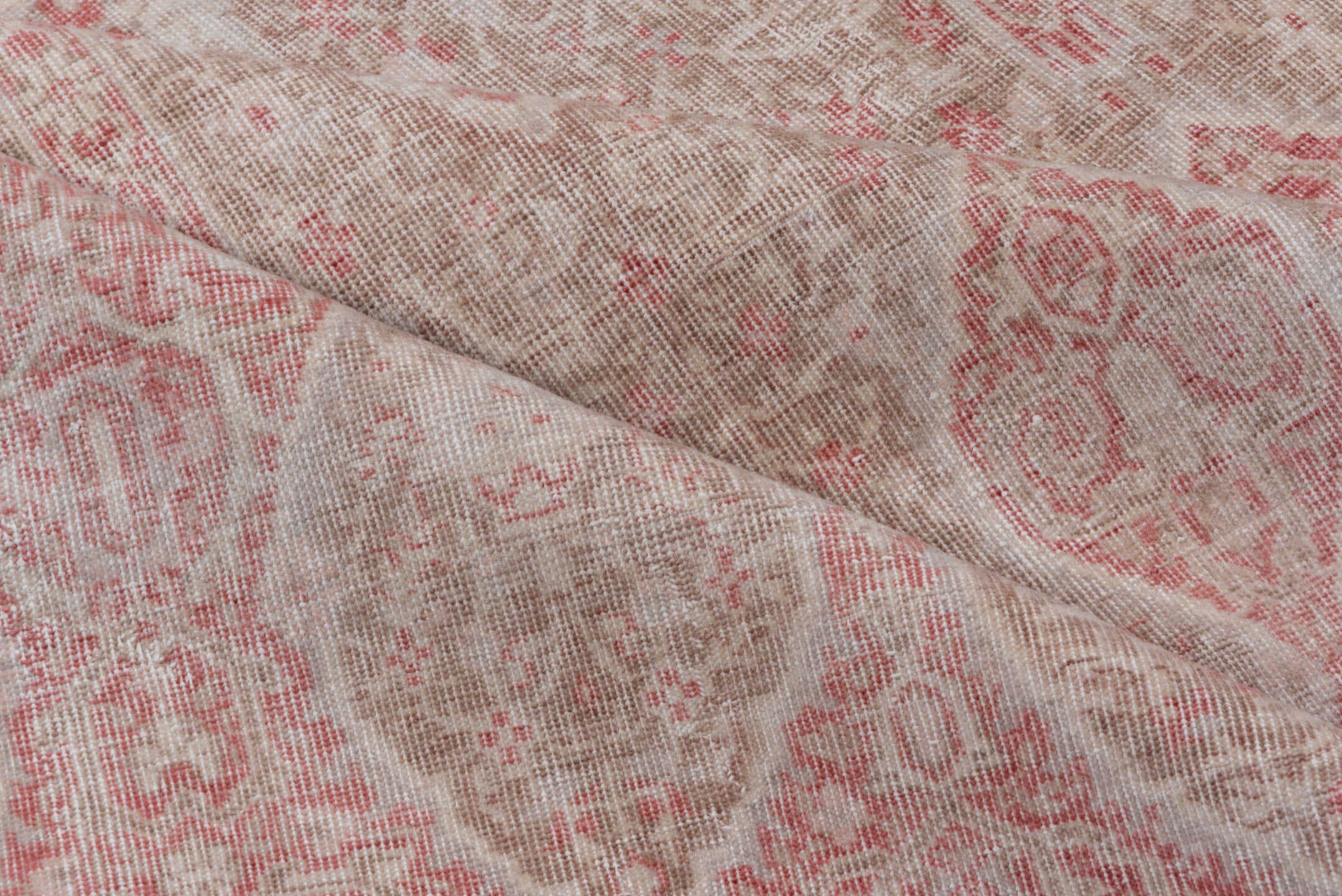 5' x 8' one-of-a-kind handmade vintage Oushak medium size rug. Color palette: ivory, blush, taupe, rose, beige, pink, gray