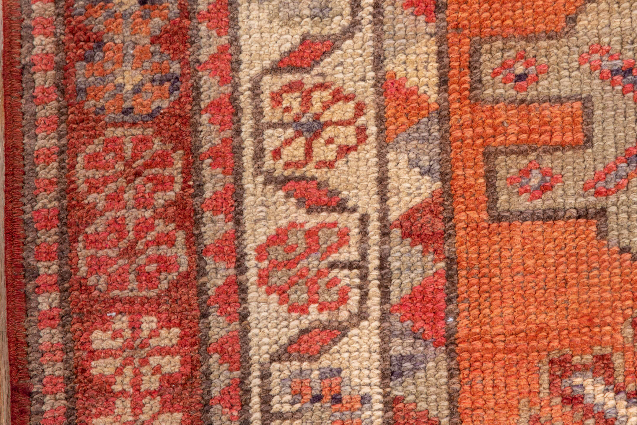 2' x 12' one-of-a-kind handmade vintage Oushak runner rug. Color palette: brown, pink, red, redwood