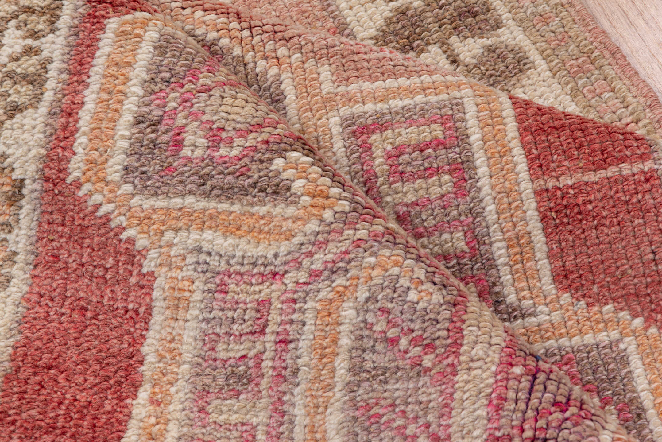 2' x 12' one-of-a-kind handmade vintage Oushak runner rug. Color palette: rose, ivory, blush, taupe, terra cotta, pink, red