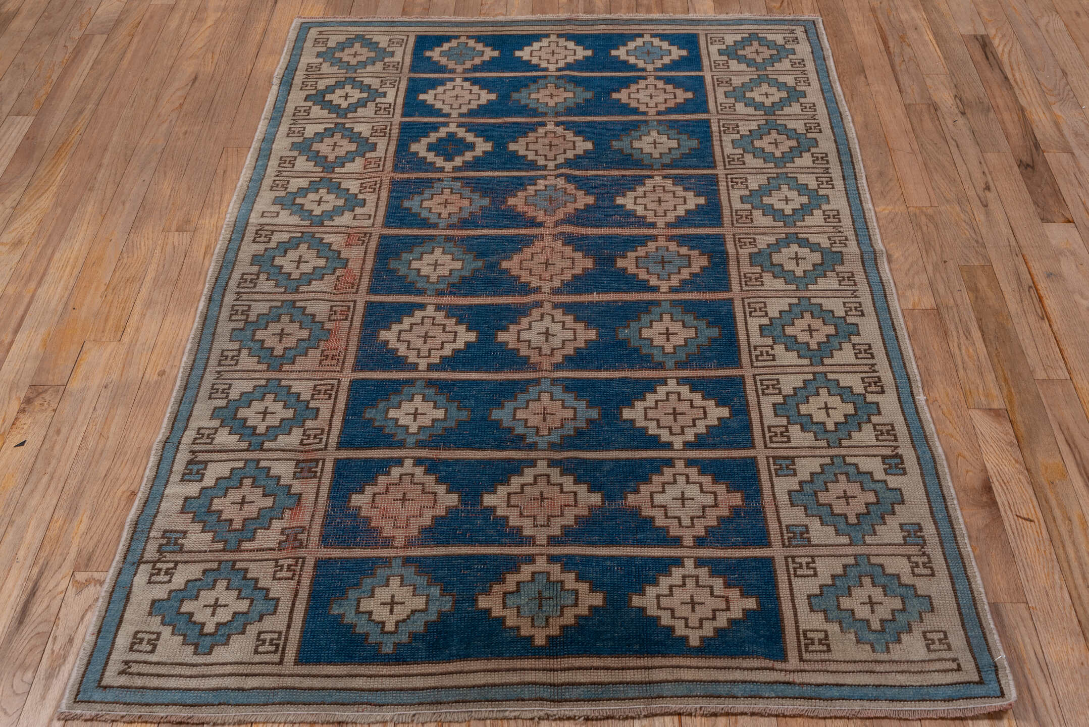 3' x 6' one-of-a-kind handmade vintage Oushak small size rug. Color palette: blue, ivory, taupe, sky_blue, brown, beige