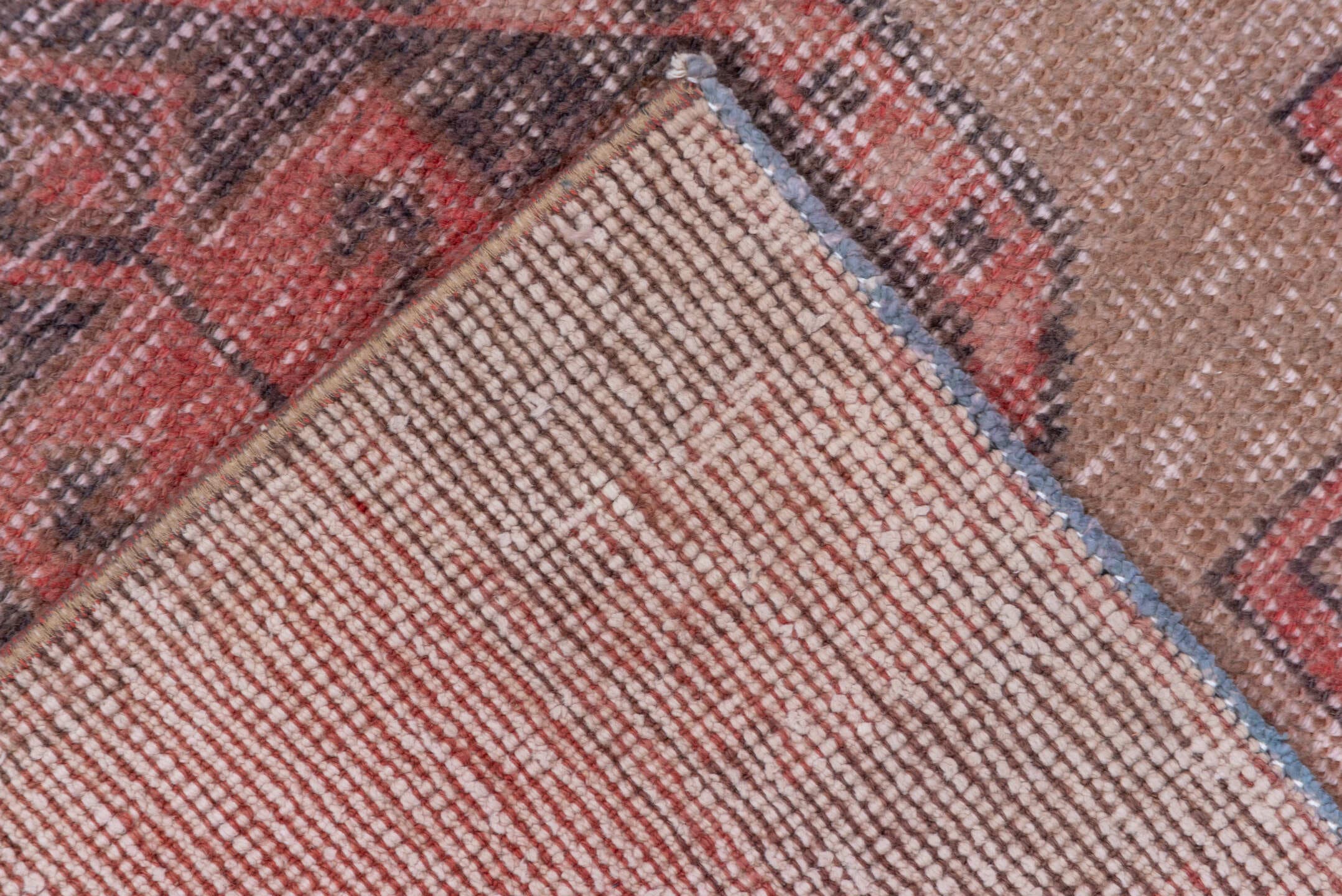3' x 11' one-of-a-kind handmade vintage Oushak runner rug. Color palette: coral, taupe, charcoal, rose, ivory, terracotta