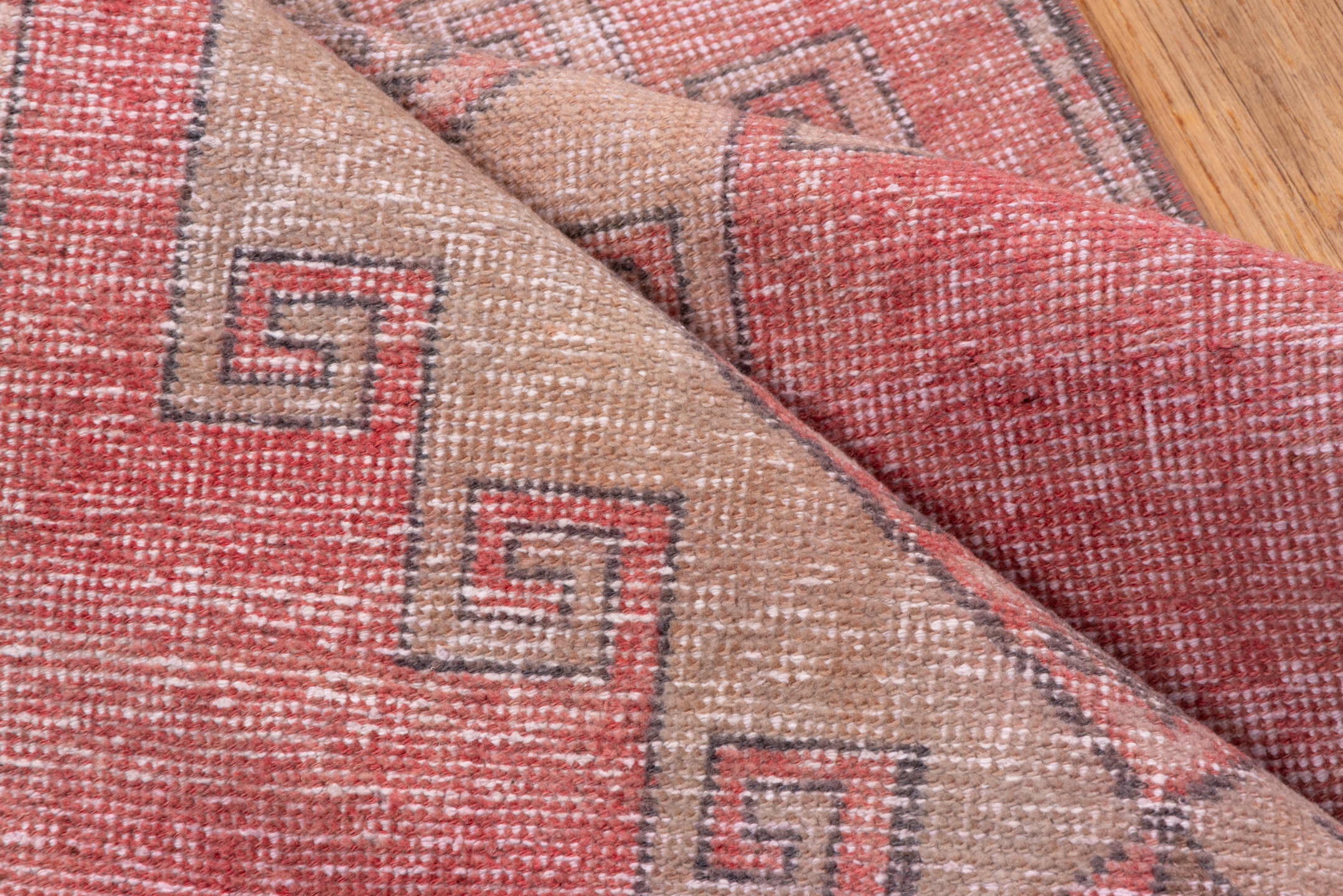 3' x 11' one-of-a-kind handmade vintage Oushak runner rug. Color palette: coral, taupe, charcoal, rose, ivory, terracotta