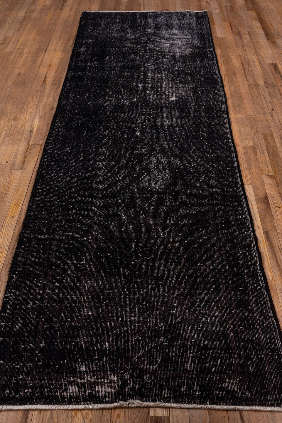 3' x 10' one-of-a-kind handmade vintage Overdyed runner rug. Color palette: black, charcoal, dark gray, dim gray, gray