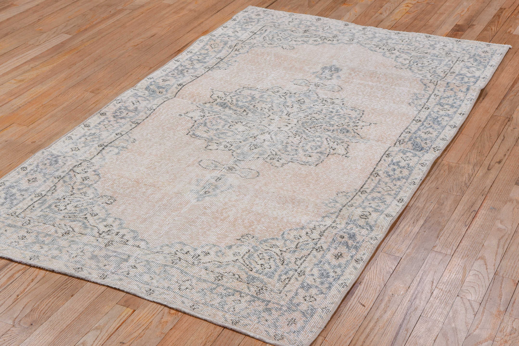 3' x 6' one-of-a-kind handmade vintage Oushak small size rug. Color palette: blush, ivory, pale blue, cream, taupe, pink
