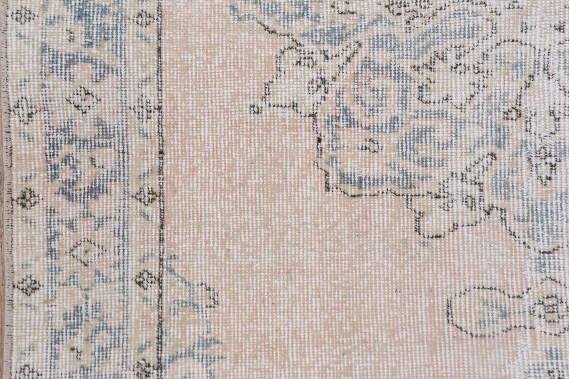 3' x 6' one-of-a-kind handmade vintage Oushak small size rug. Color palette: blush, ivory, pale blue, cream, taupe, pink