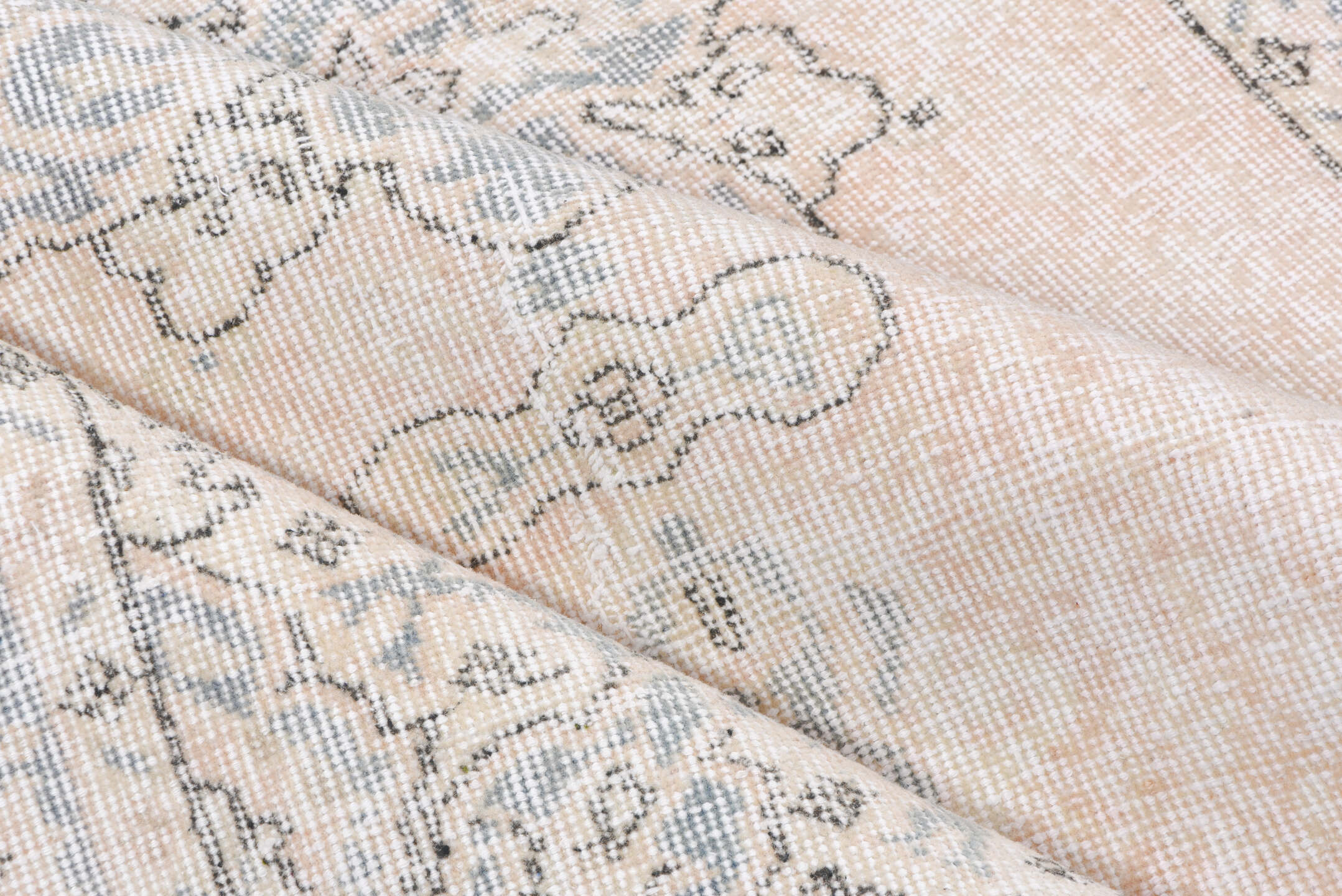 3' x 6' one-of-a-kind handmade vintage Oushak small size rug. Color palette: blush, ivory, pale blue, cream, taupe, pink