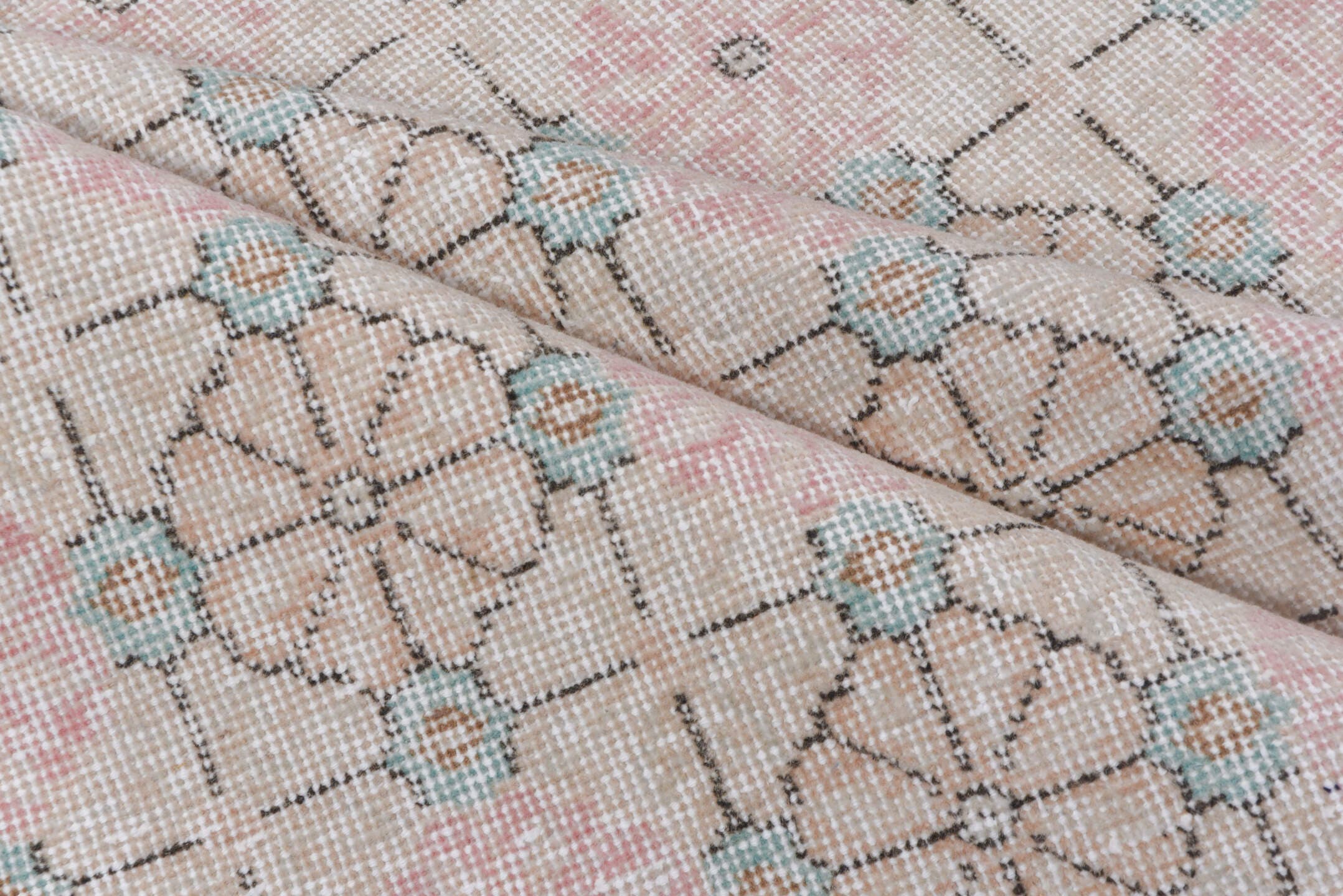 4' x 6' one-of-a-kind handmade vintage Oushak small size rug. Color palette: blush, ivory, taupe, aqua, beige, charcoal