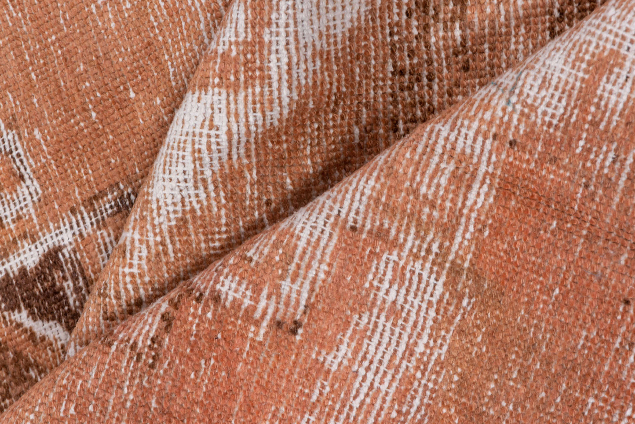 3' x 7' one-of-a-kind handmade vintage Overdyed runner rug. Color palette: brown, gray, light gray, off-white, pink, snow