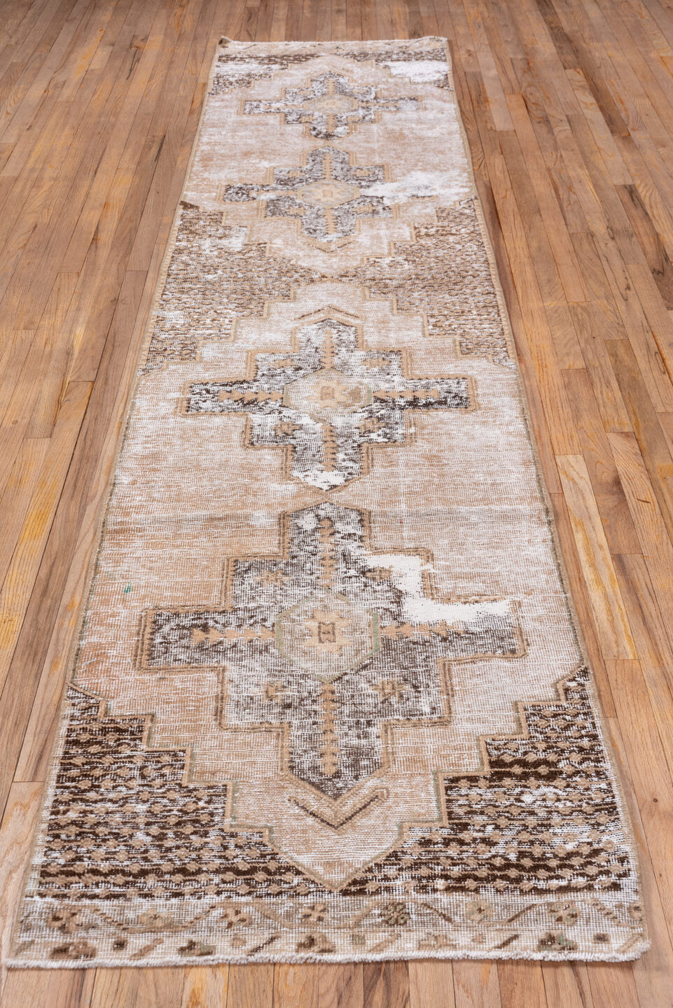 2' x 12' one-of-a-kind handmade vintage Oushak runner rug. Color palette: brown, gainsboro, gray, light gray, off-white