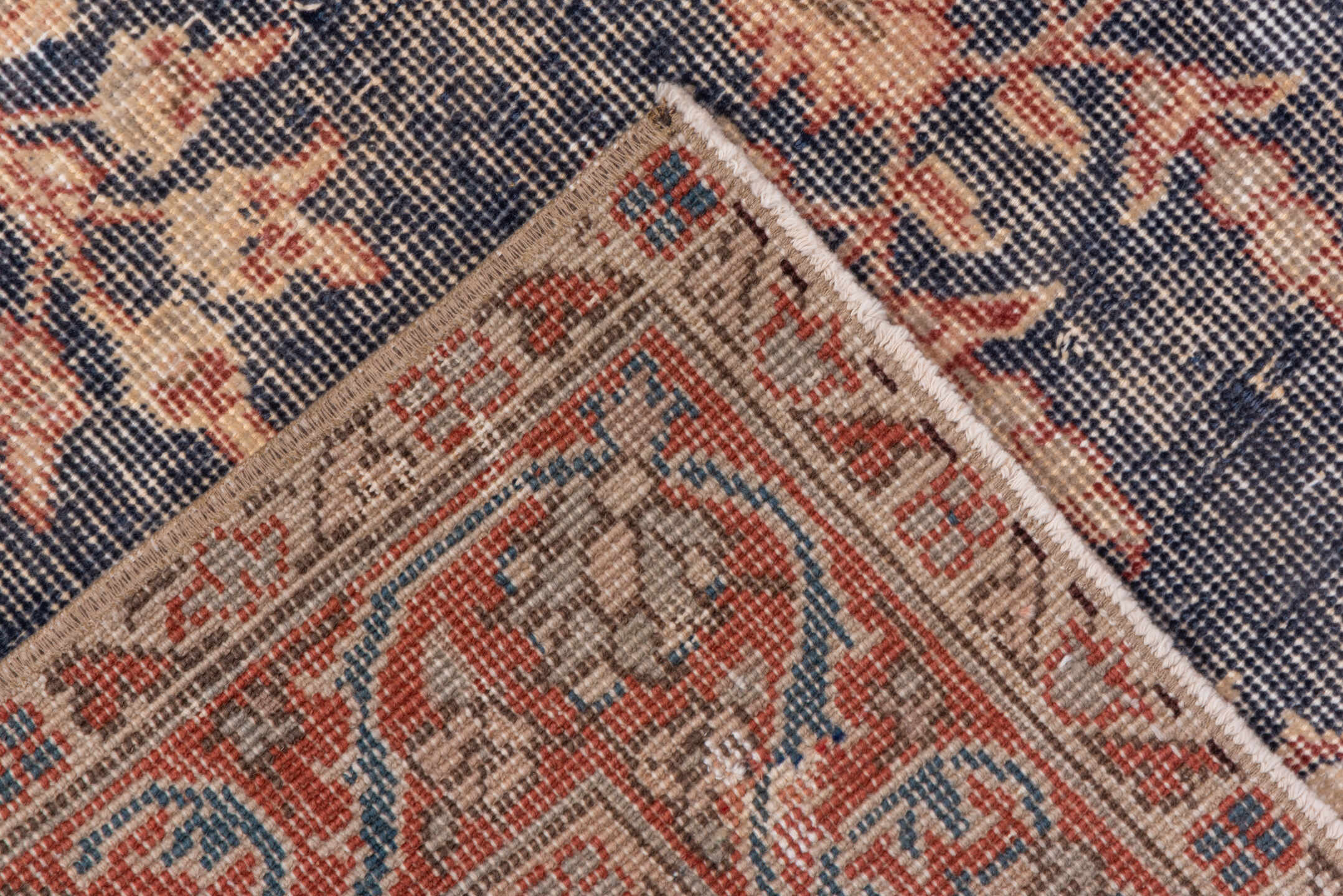 3' x 6' one-of-a-kind handmade vintage Oushak small size rug. Color palette: blue-gray, ivory, blush, rust, taupe, peach