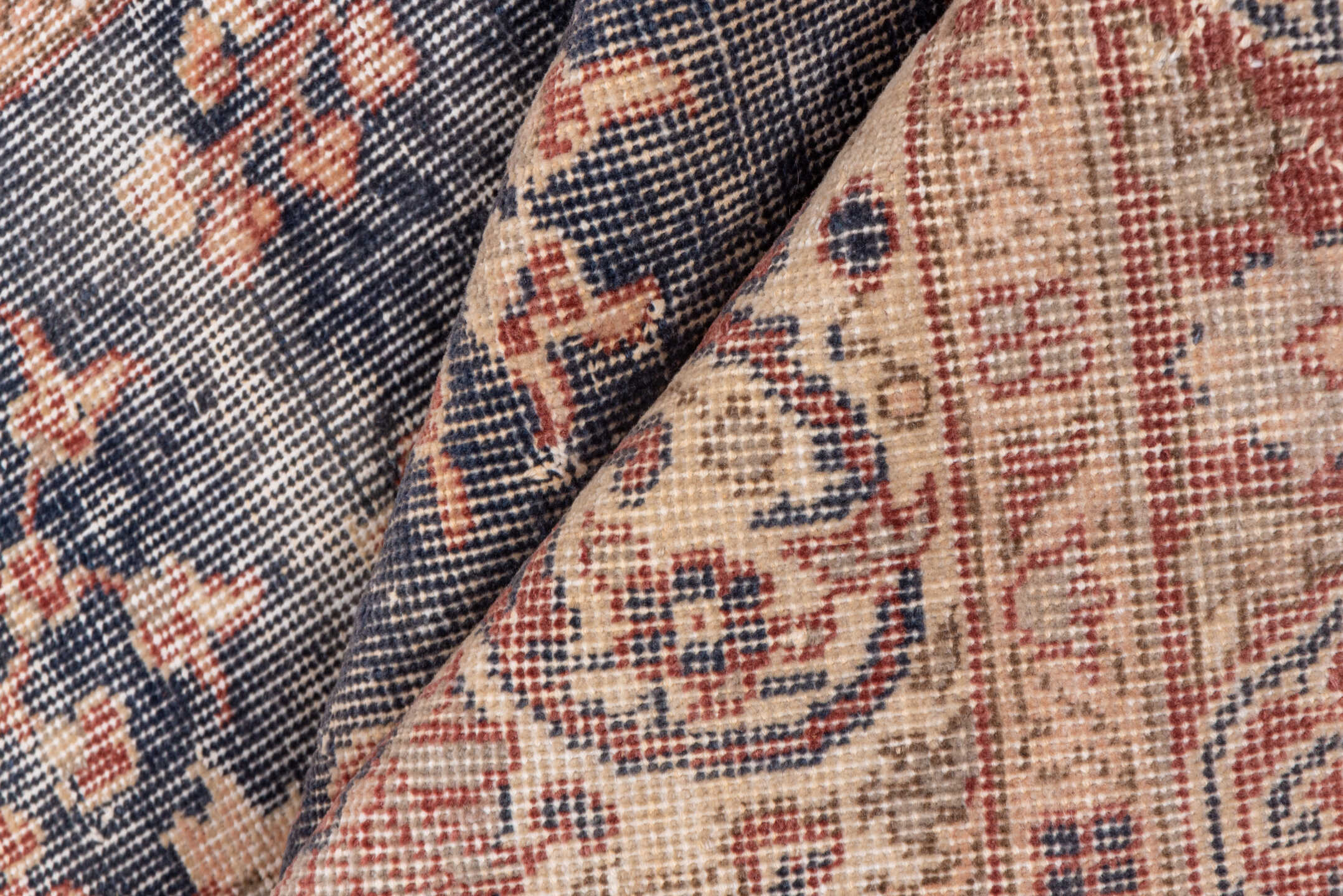 3' x 6' one-of-a-kind handmade vintage Oushak small size rug. Color palette: blue-gray, ivory, blush, rust, taupe, peach