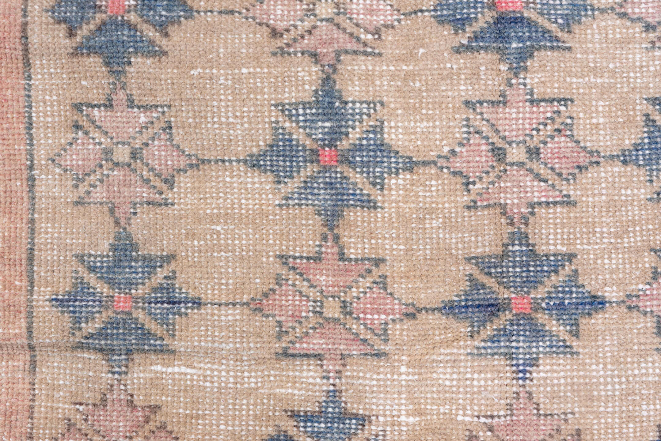 4' x 6' one-of-a-kind handmade vintage Oushak small size rug. Color palette: gray, light blue, light gray, off-white, pink