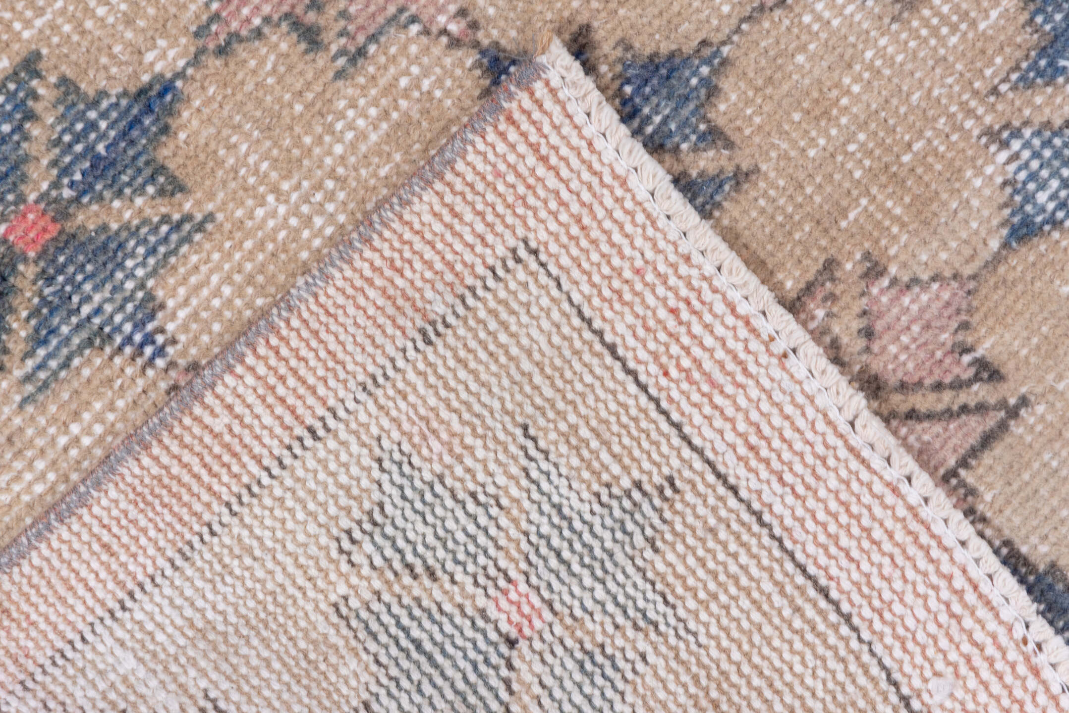 4' x 6' one-of-a-kind handmade vintage Oushak small size rug. Color palette: gray, light blue, light gray, off-white, pink