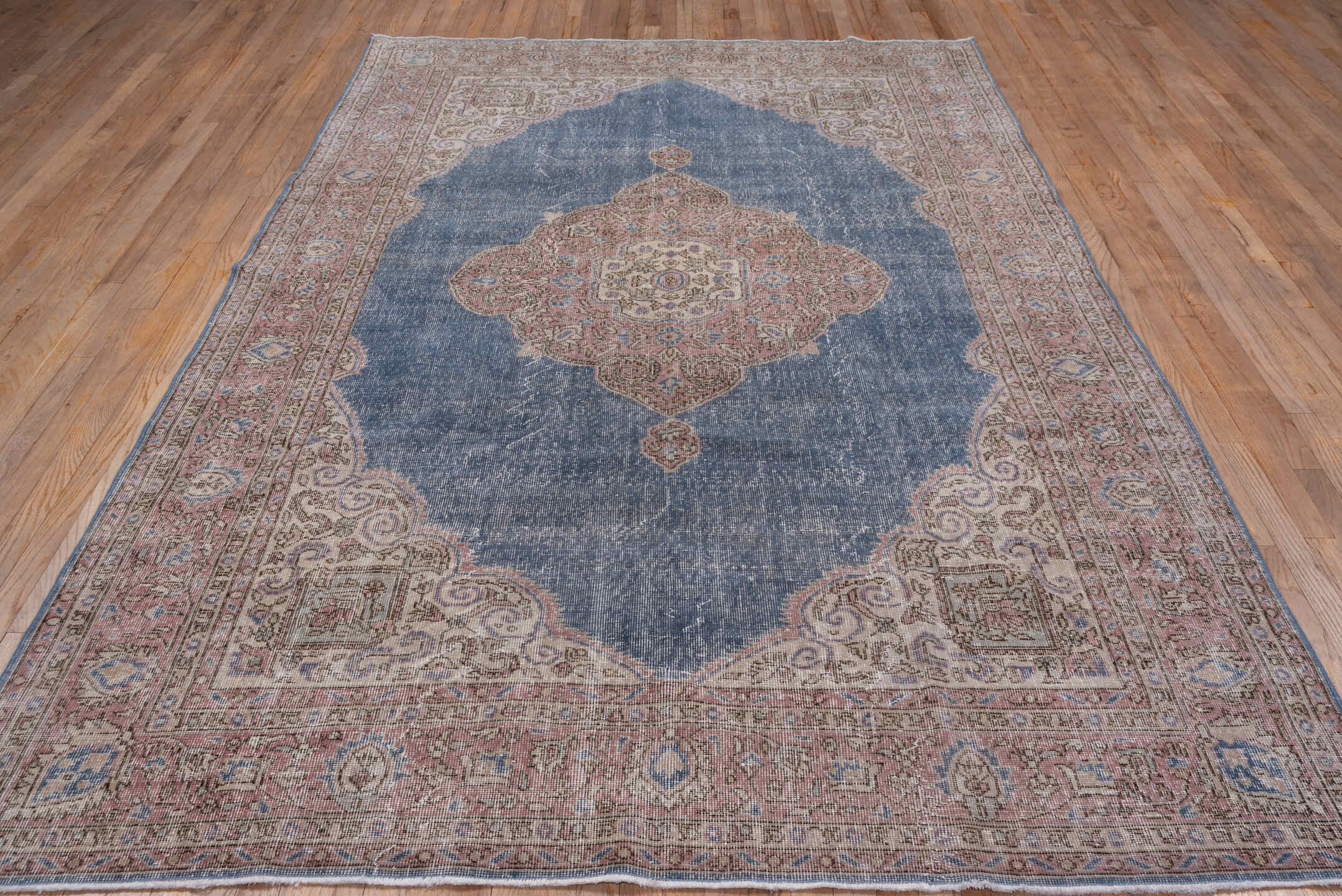 7' x 10' one-of-a-kind handmade vintage Oushak large size rug. Color palette: blue, rose, ivory, taupe, dusty pink, slate
