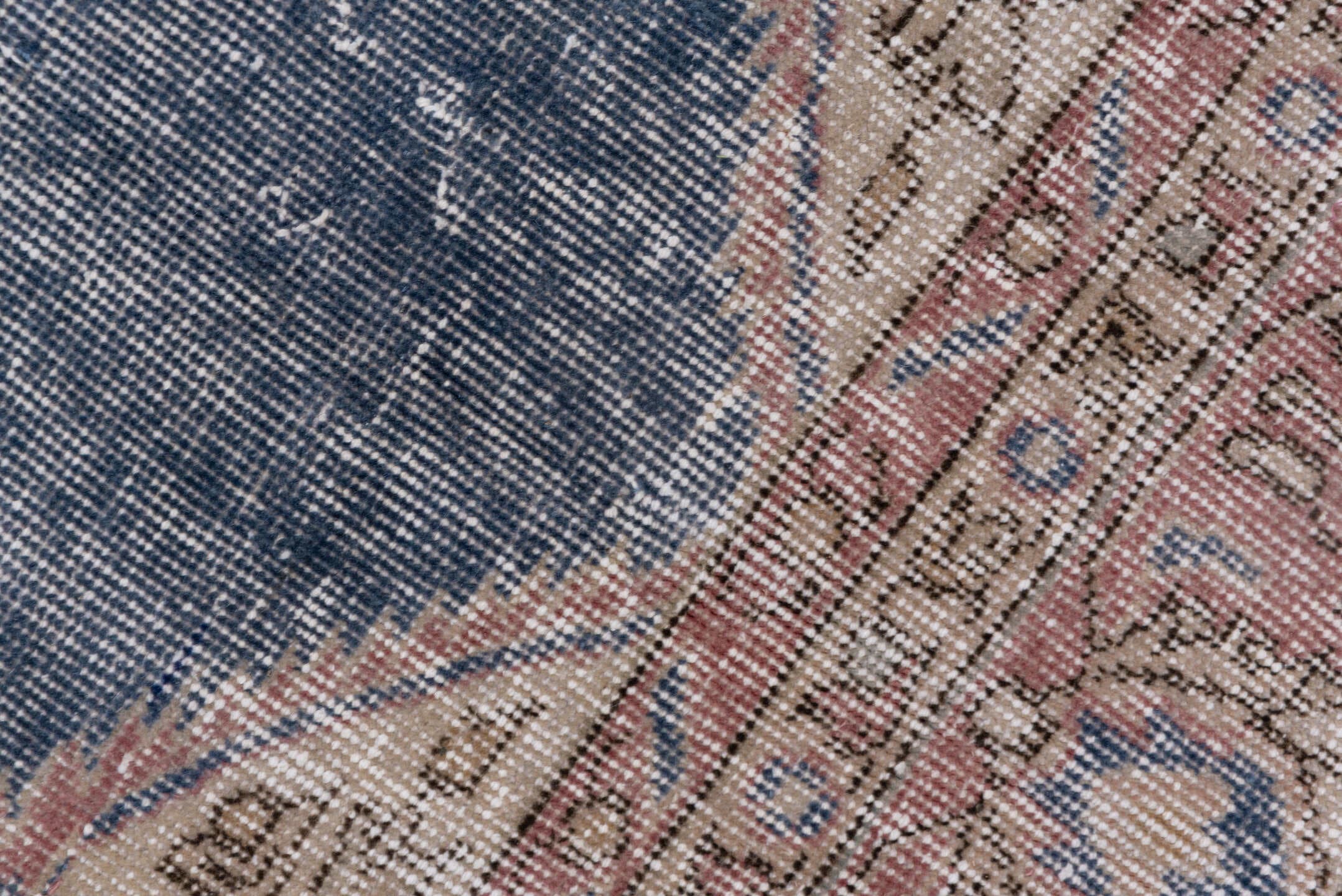 7' x 10' one-of-a-kind handmade vintage Oushak large size rug. Color palette: blue, rose, ivory, taupe, dusty pink, slate