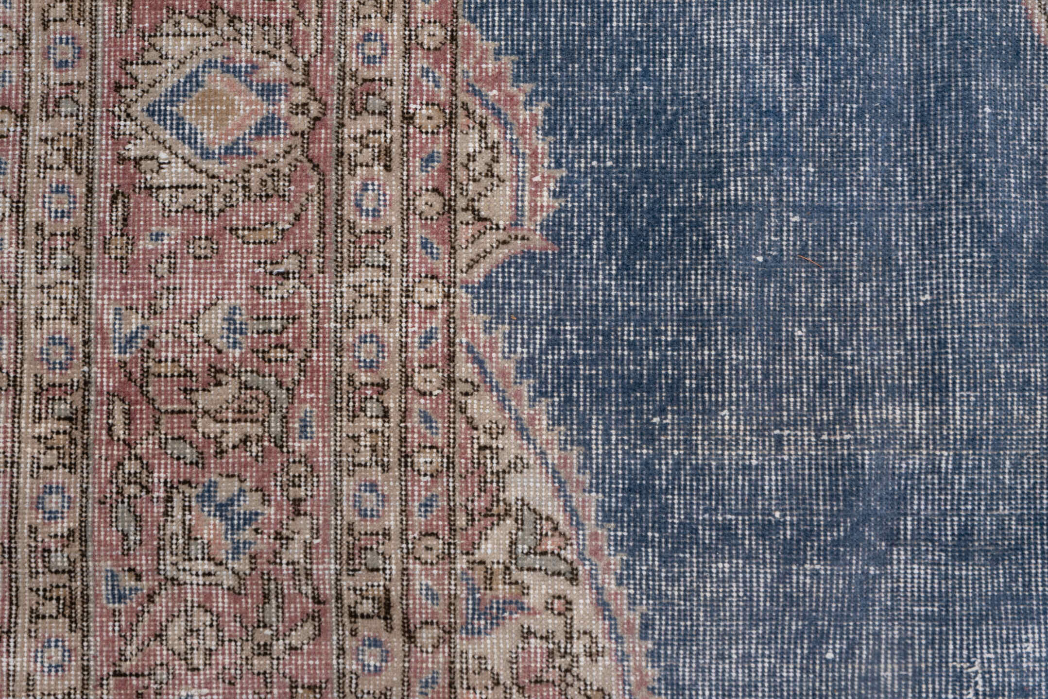 7' x 10' one-of-a-kind handmade vintage Oushak large size rug. Color palette: blue, rose, ivory, taupe, dusty pink, slate