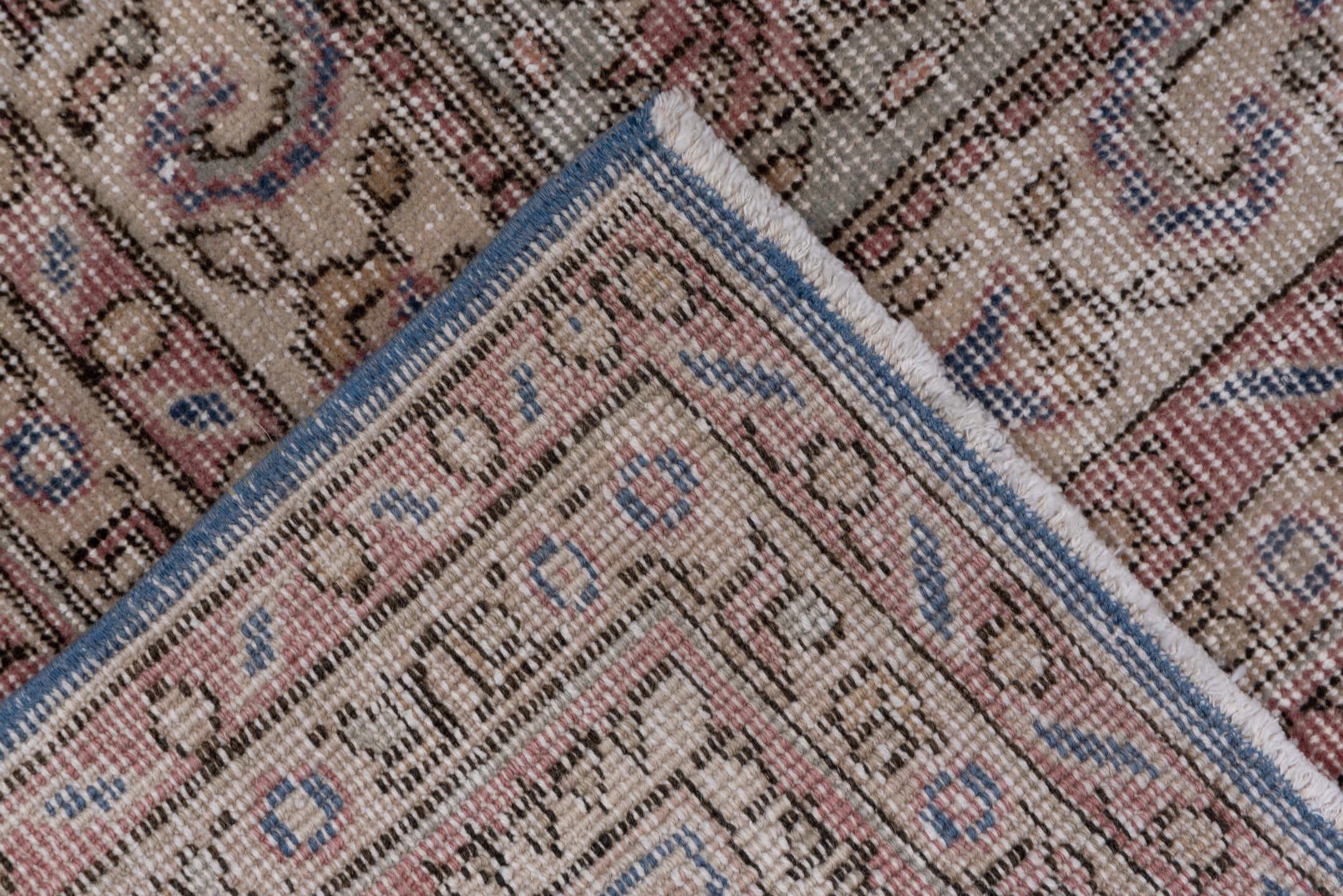 7' x 10' one-of-a-kind handmade vintage Oushak large size rug. Color palette: blue, rose, ivory, taupe, dusty pink, slate