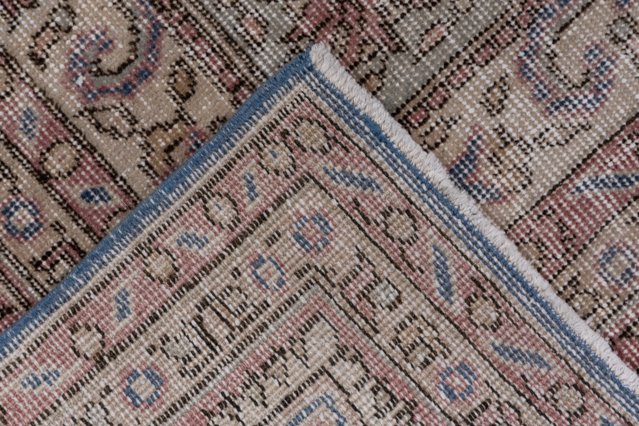 7' x 10' one-of-a-kind handmade vintage Oushak large size rug. Color palette: blue, brown, gray, light blue, light gray