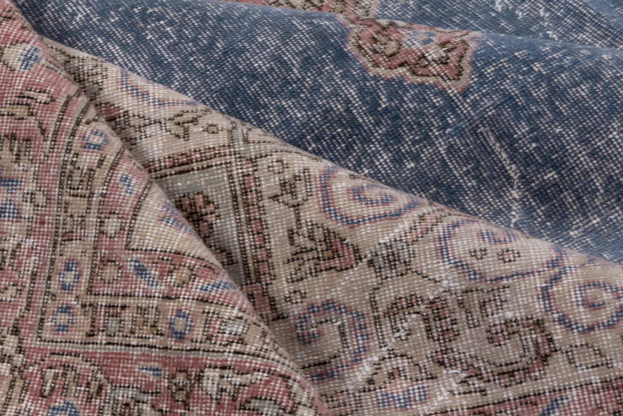 7' x 10' one-of-a-kind handmade vintage Oushak large size rug. Color palette: blue, rose, ivory, taupe, dusty pink, slate
