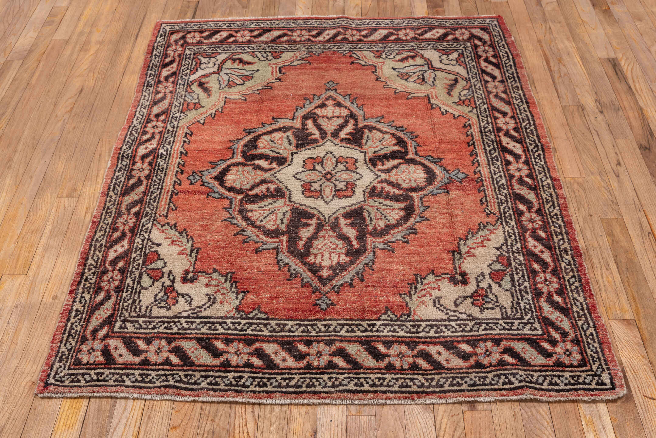 4' x 5' one-of-a-kind handmade vintage Oushak small size rug. Color palette: coral, ivory, brown, charcoal, rose, terracotta