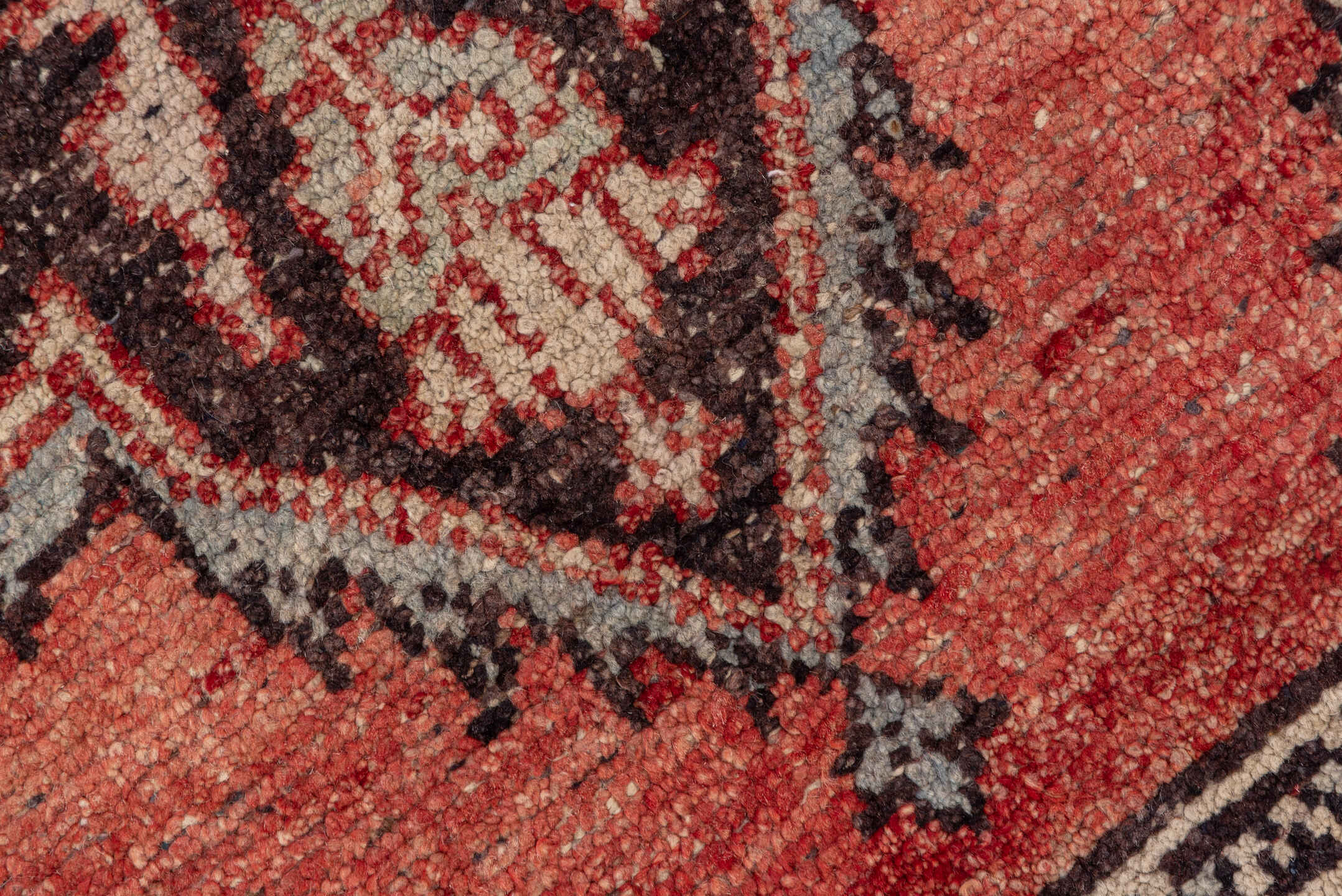 4' x 5' one-of-a-kind handmade vintage Oushak small size rug. Color palette: coral, ivory, brown, charcoal, rose, terracotta