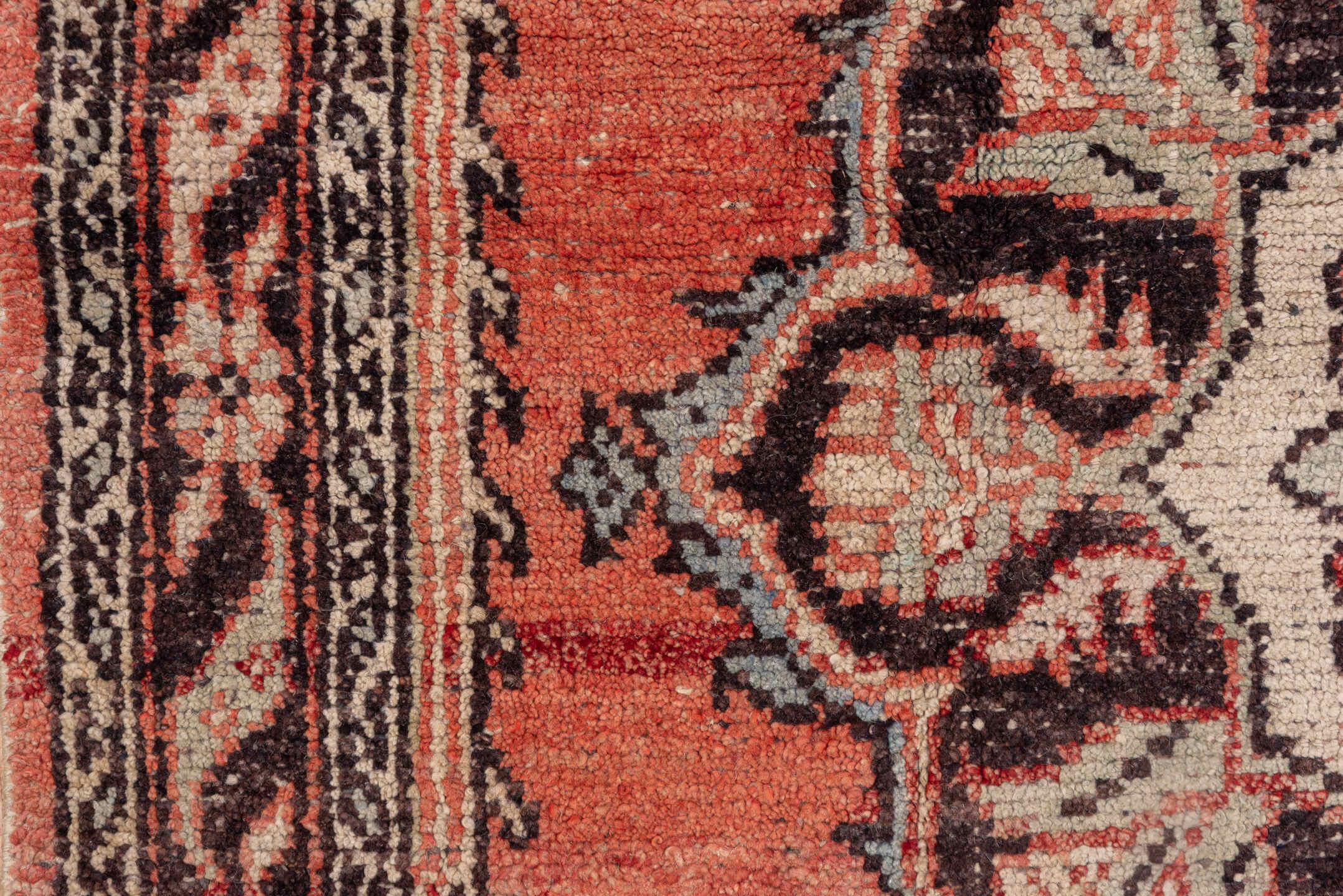 4' x 5' one-of-a-kind handmade vintage Oushak small size rug. Color palette: coral, ivory, brown, charcoal, rose, terracotta