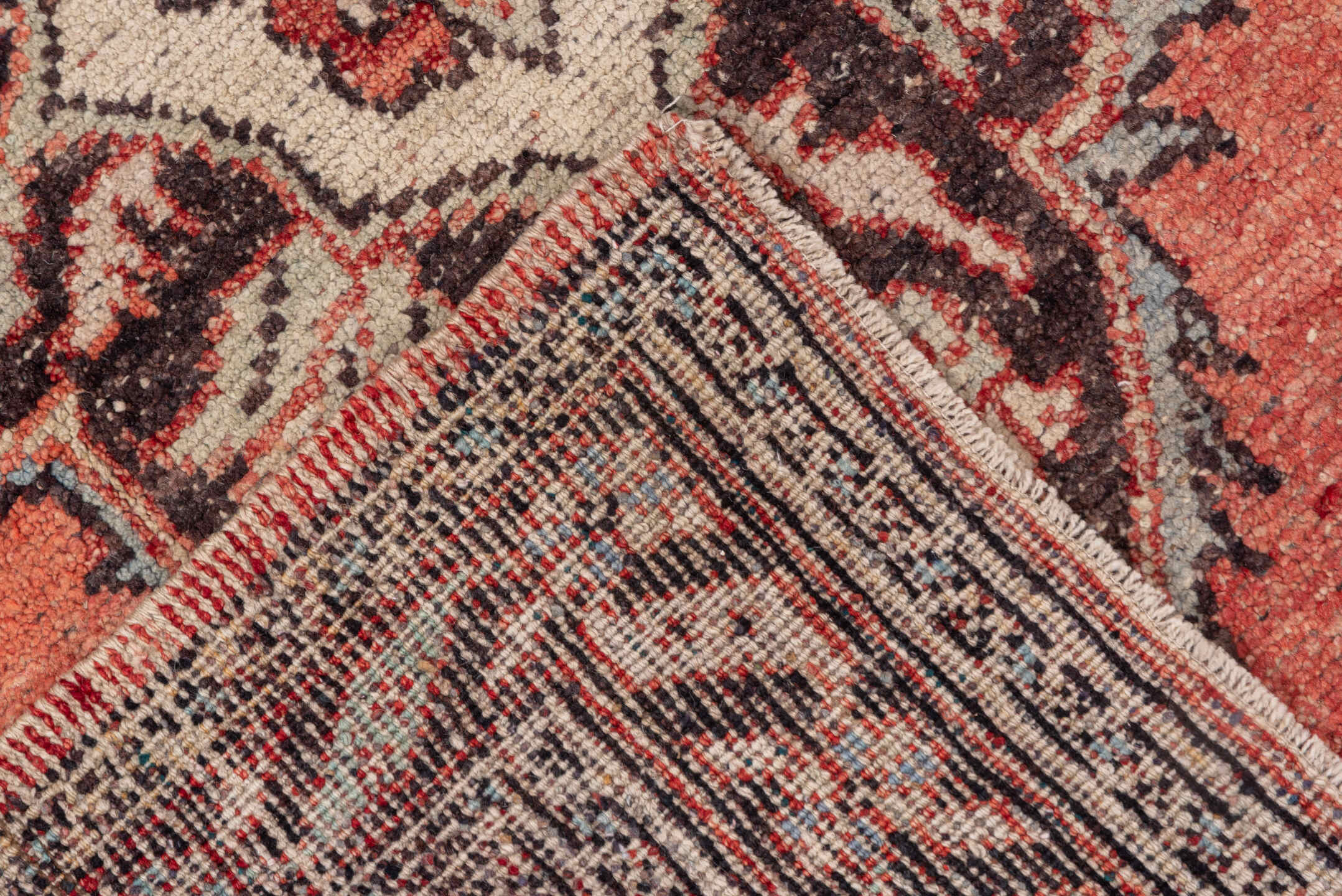 4' x 5' one-of-a-kind handmade vintage Oushak small size rug. Color palette: coral, ivory, brown, charcoal, rose, terracotta