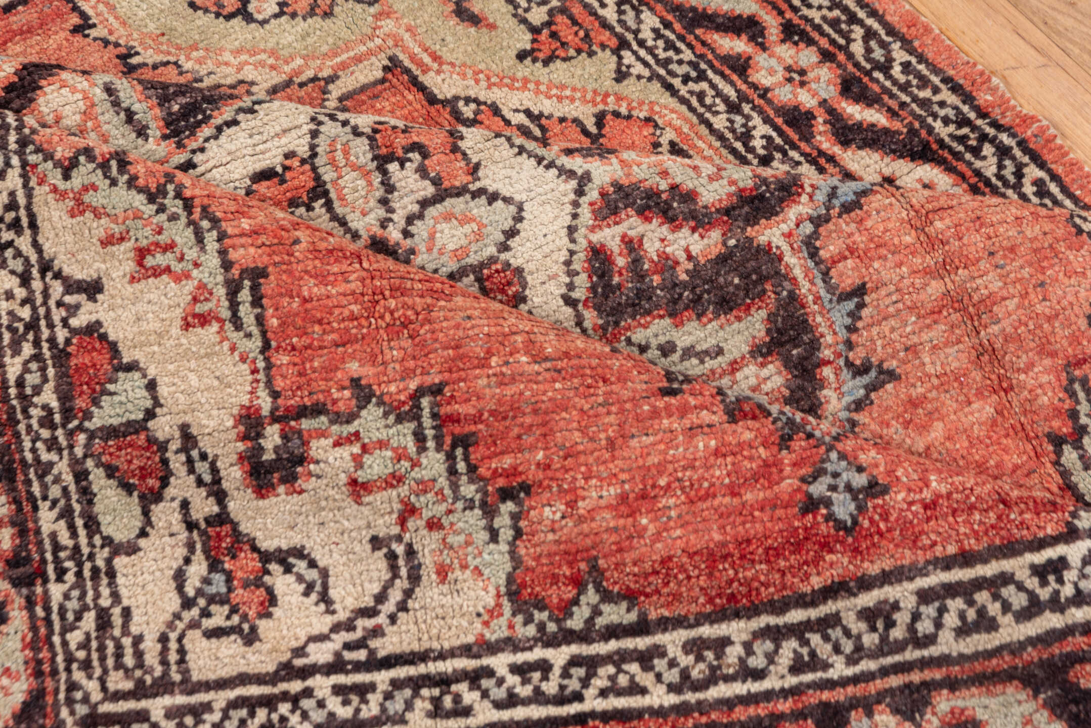 4' x 5' one-of-a-kind handmade vintage Oushak small size rug. Color palette: coral, ivory, brown, charcoal, rose, terracotta