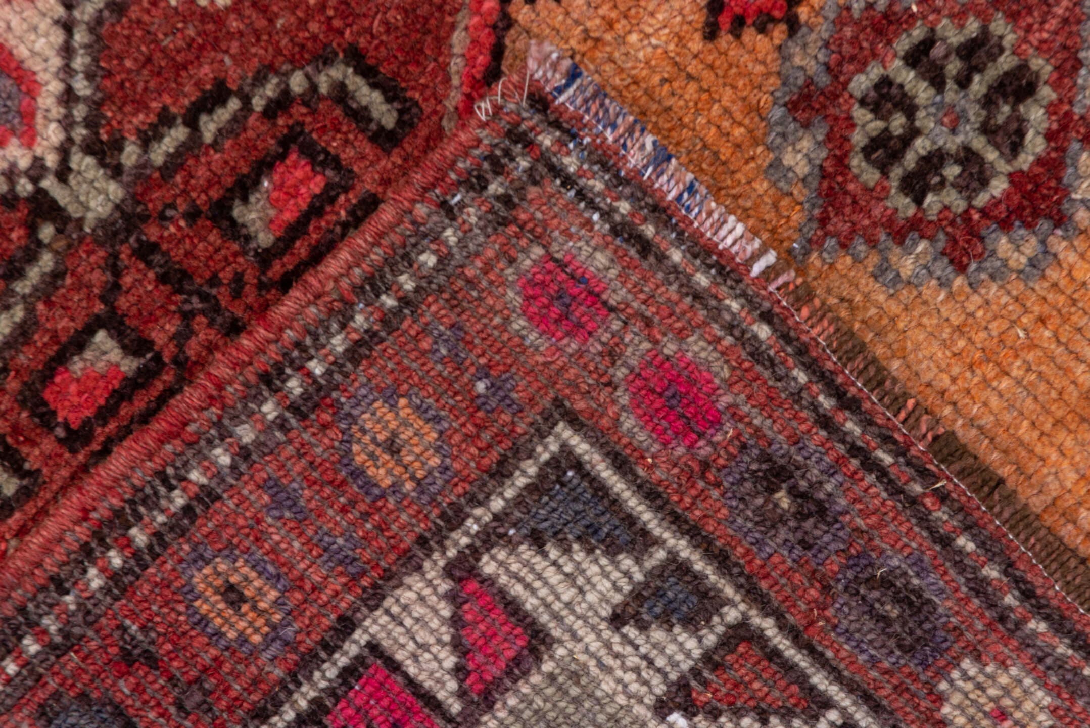 3' x 13' one-of-a-kind handmade vintage Oushak runner rug. Color palette: rust, peach, ivory, brick, slate, charcoal, rose