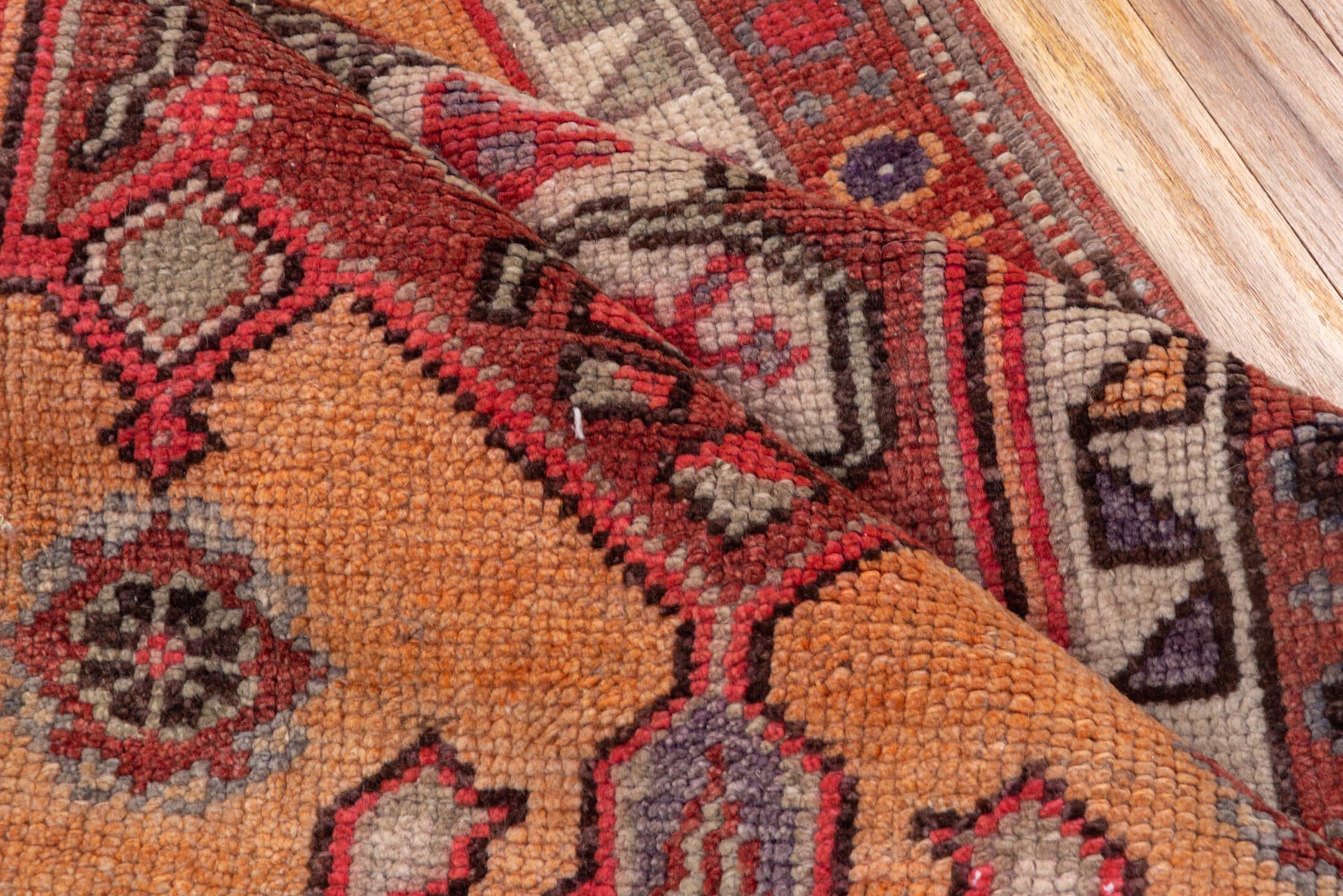 3' x 13' one-of-a-kind handmade vintage Oushak runner rug. Color palette: rust, peach, ivory, brick, slate, charcoal, rose