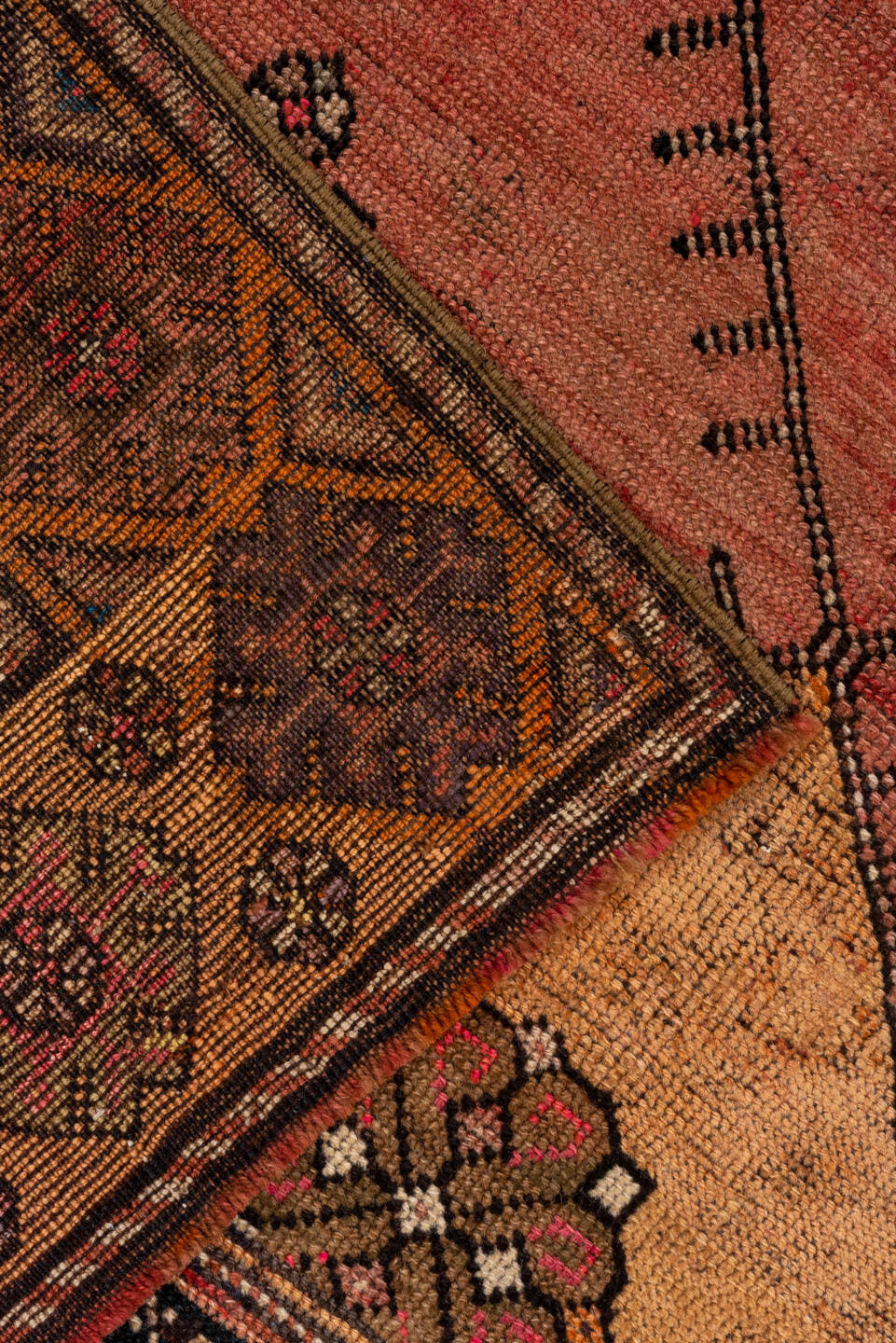 4' x 12' one-of-a-kind handmade vintage Oushak runner rug. Color palette: terra cotta, rust, navy, ivory, rose, camel