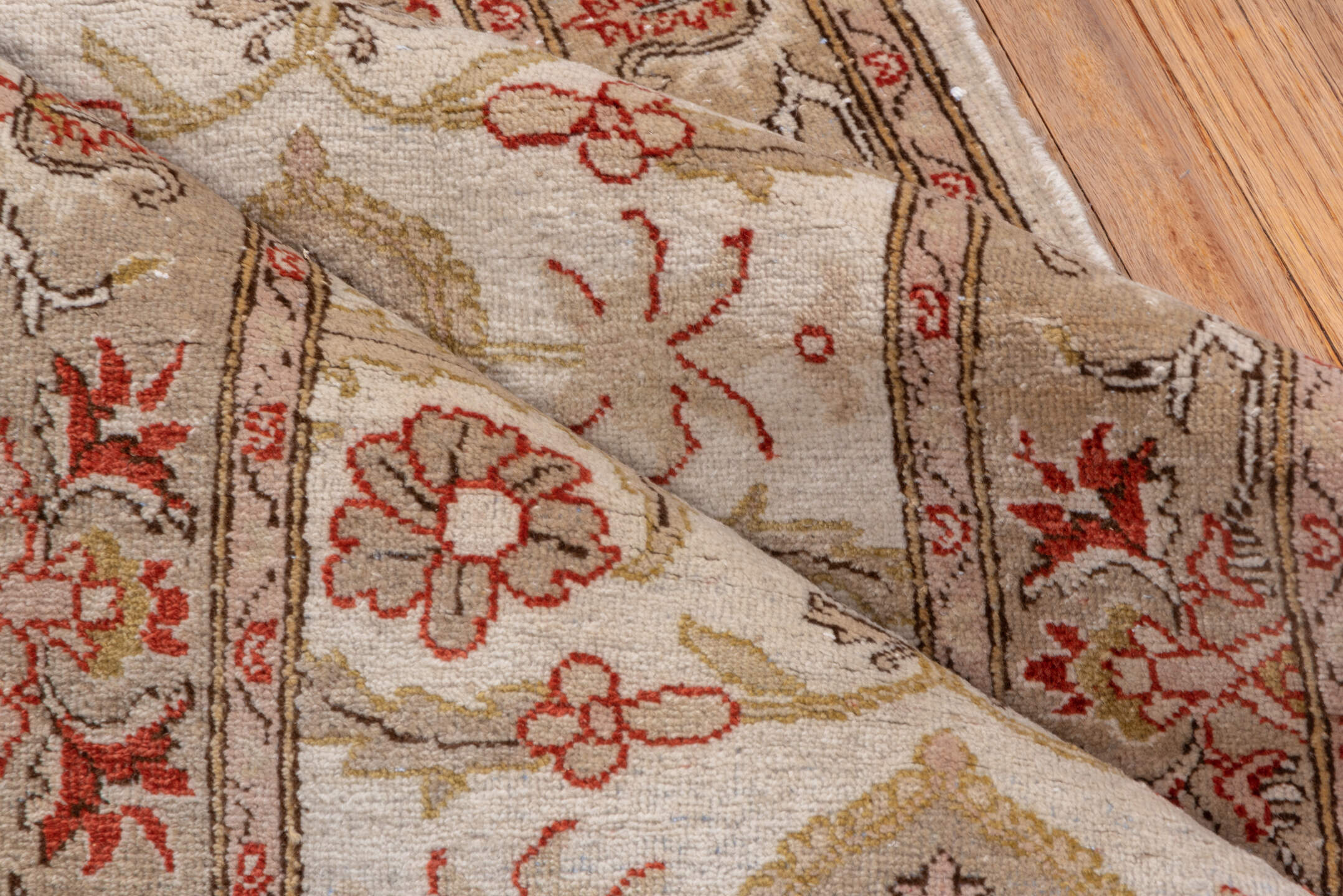 2' x 10' one-of-a-kind handmade vintage Tabriz runner rug. Color palette: brown, gray, light gray, off-white, pink, red