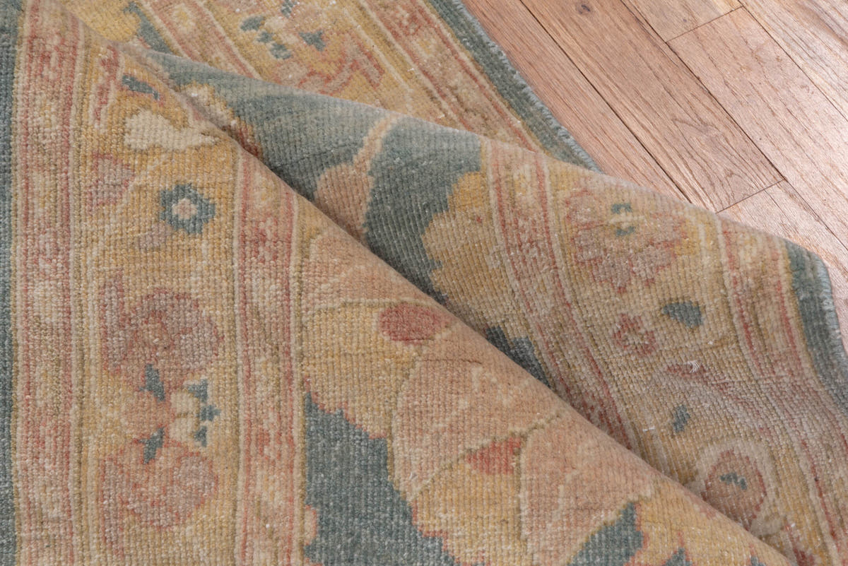 2' x 13' one-of-a-kind handmade vintage Mahal runner rug. Color palette: sage, blush, ivory, peach, taupe, rose, gold, green