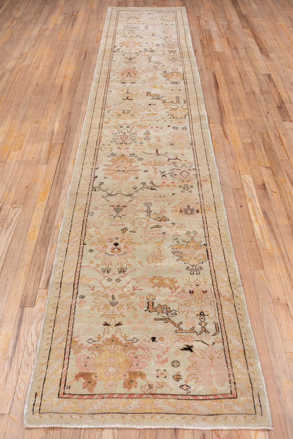 2' x 13' one-of-a-kind handmade vintage Sivas runner rug. Color palette: ivory, blush, beige, taupe, camel, rose, brown