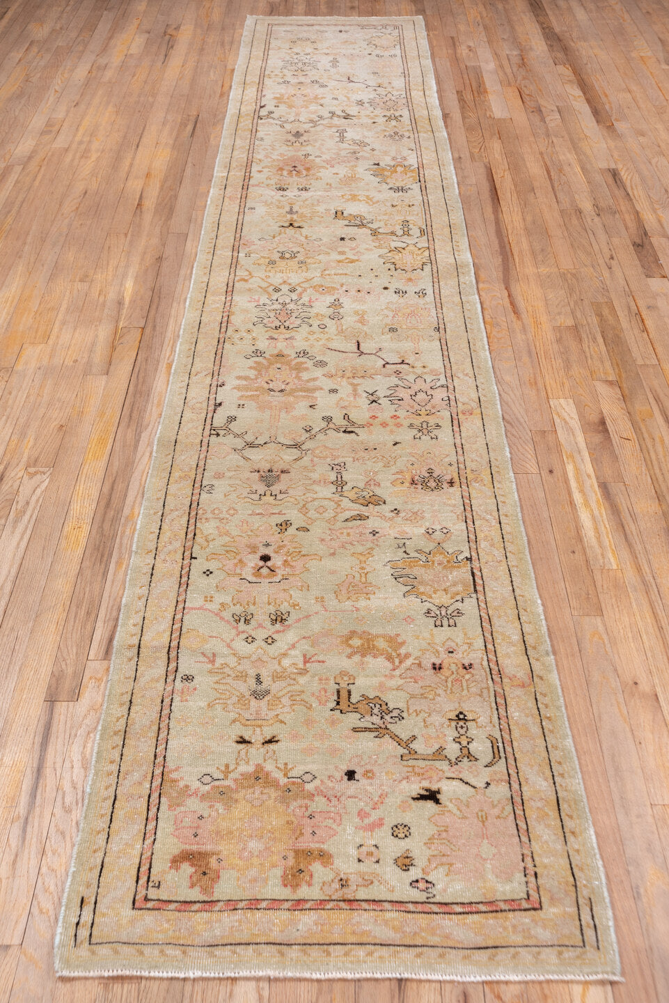 2' x 13' one-of-a-kind handmade vintage Sivas runner rug. Color palette: brown, gray, light gray, off-white, pink, snow