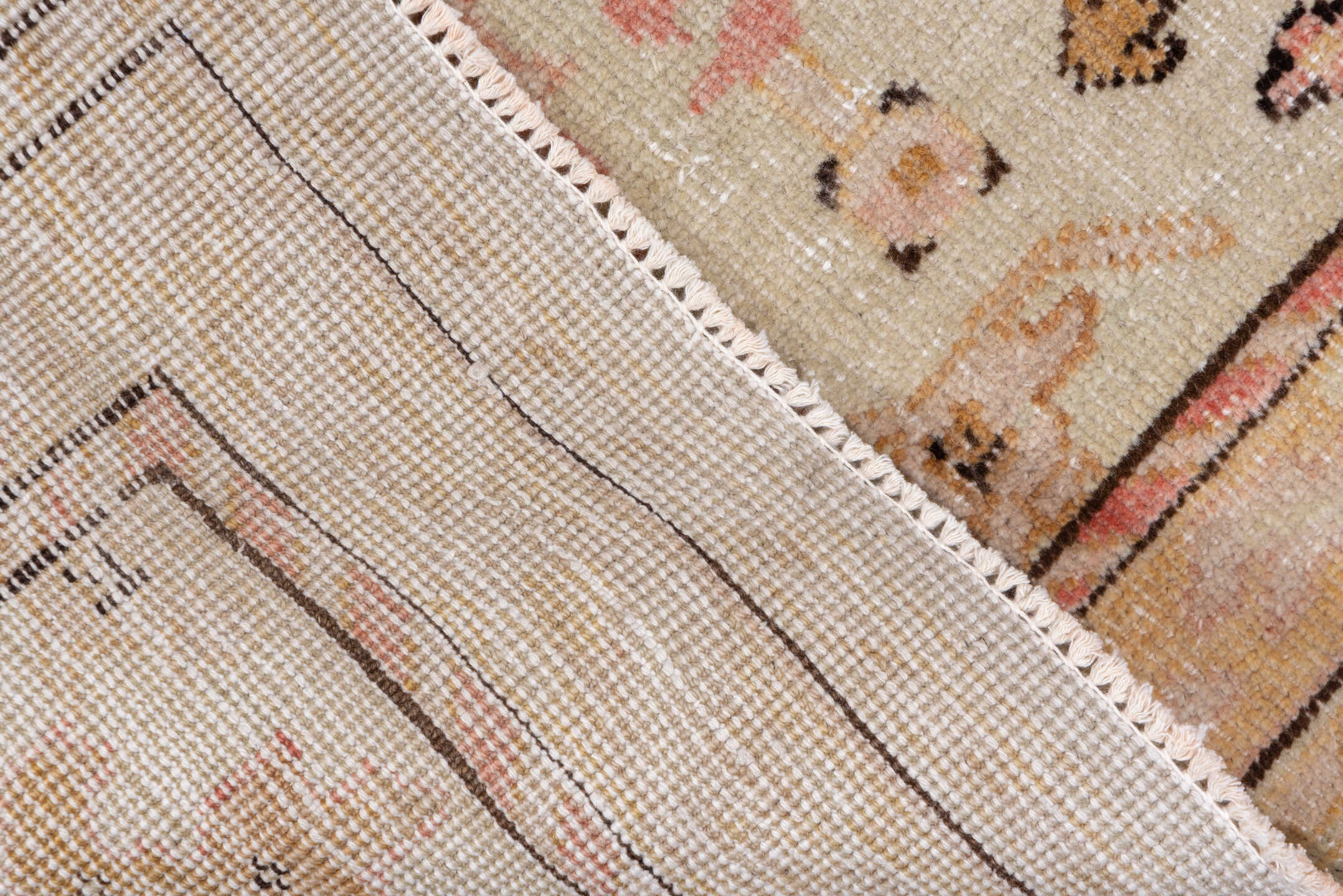 2' x 13' one-of-a-kind handmade vintage Sivas runner rug. Color palette: ivory, blush, beige, taupe, camel, rose, brown