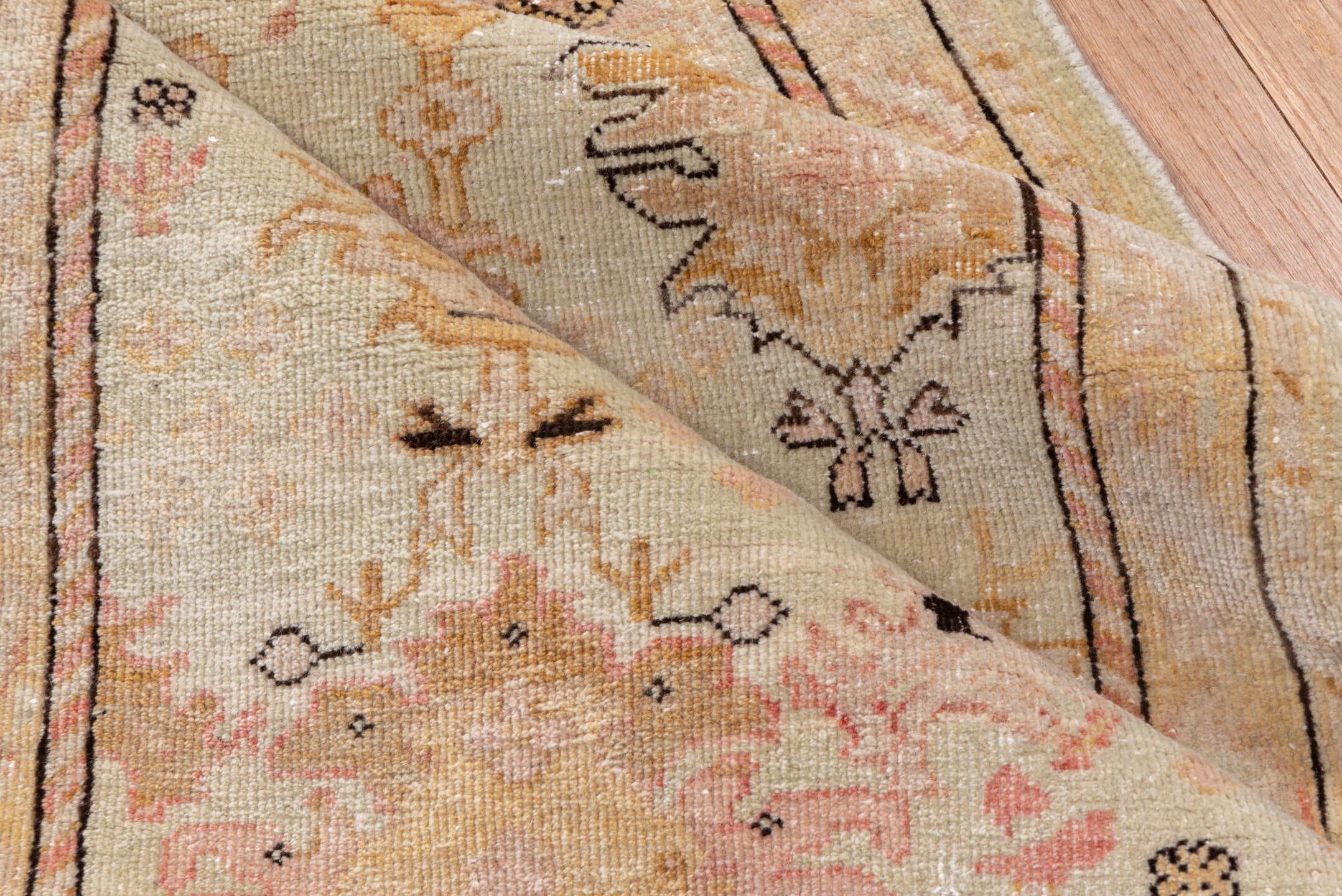 2' x 13' one-of-a-kind handmade vintage Sivas runner rug. Color palette: ivory, blush, beige, taupe, camel, rose, brown