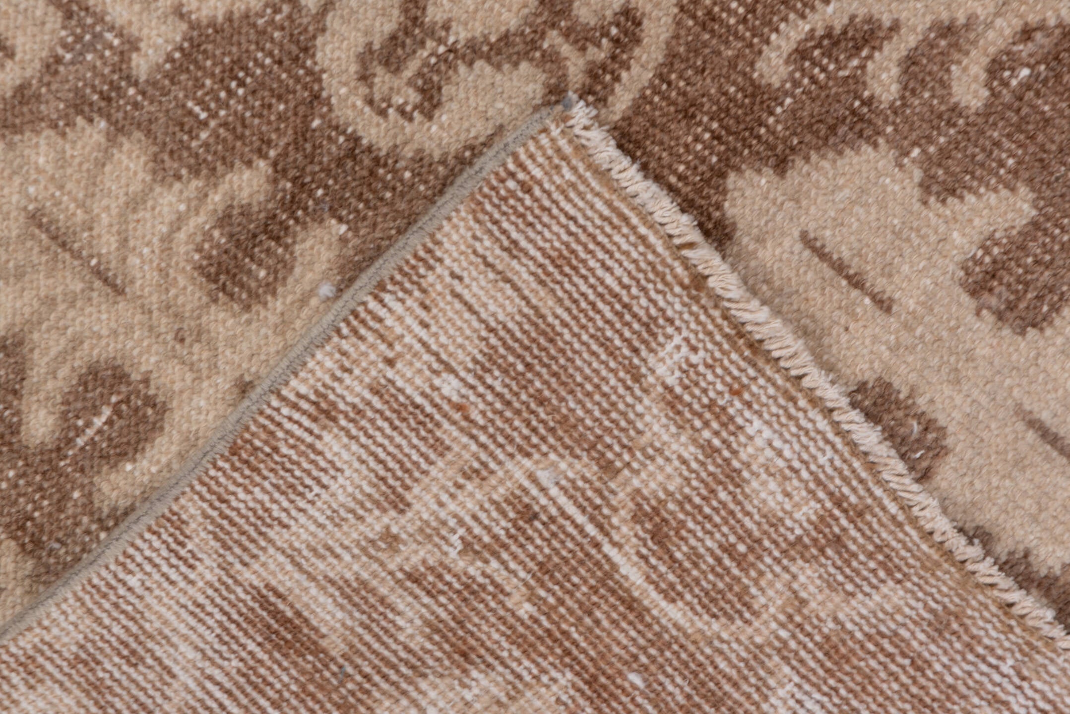 2' x 10' one-of-a-kind handmade vintage Oushak runner rug. Color palette: brown, gray, light gray, off-white, pink, snow