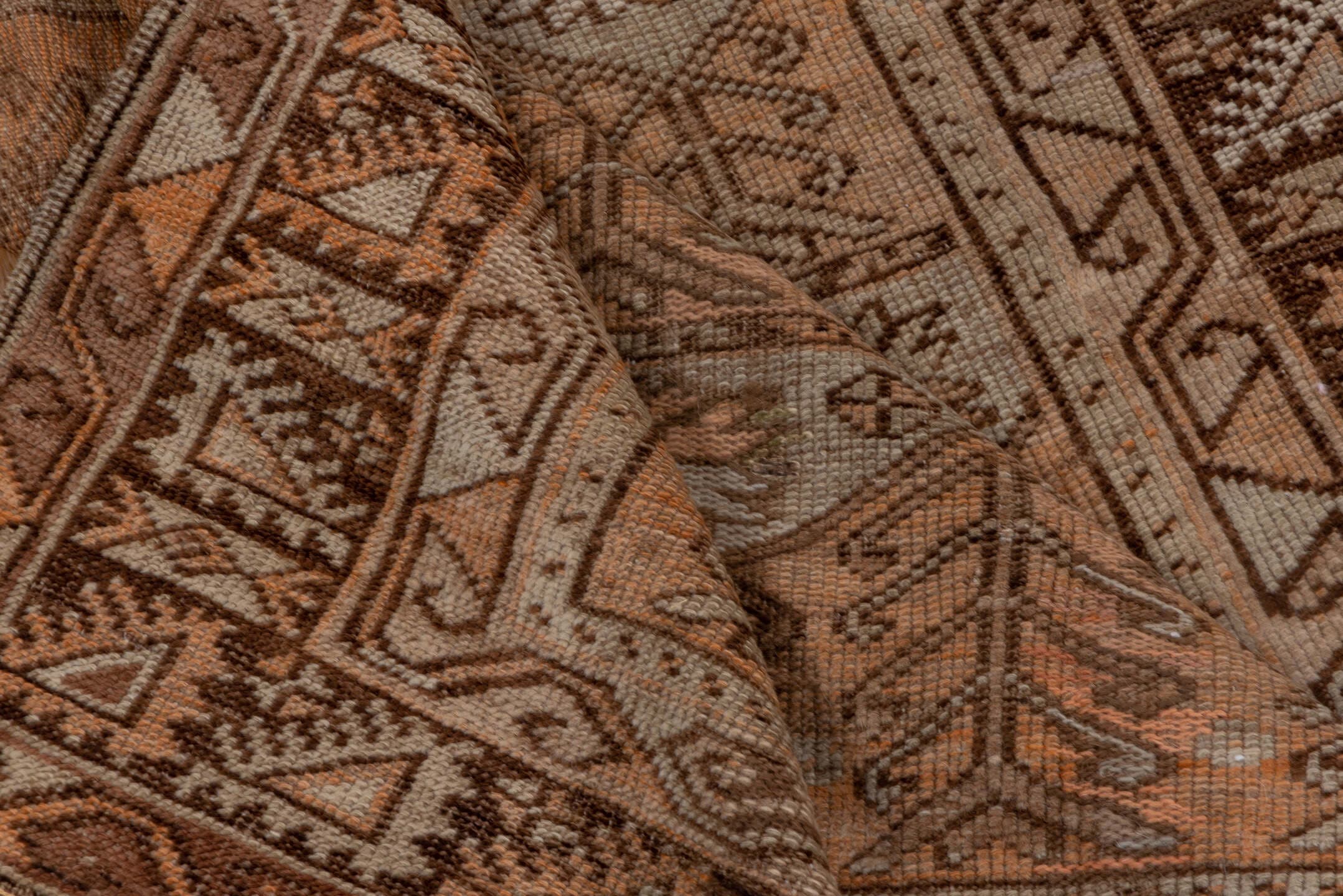 3' x 4' one-of-a-kind handmade vintage Oushak small size rug. Color palette: taupe, brown, camel, ivory, terra cotta