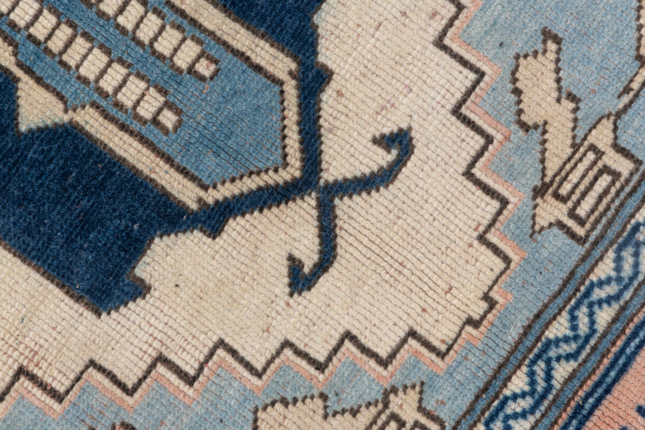 4' x 5' one-of-a-kind handmade vintage Oushak small size rug. Color palette: ivory, sky blue, blush, navy, taupe, light blue