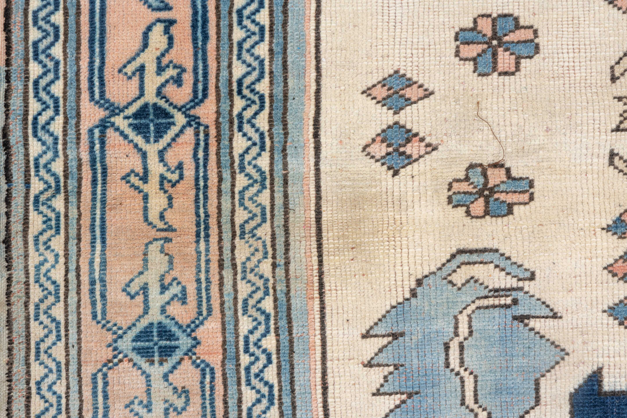 4' x 5' one-of-a-kind handmade vintage Oushak small size rug. Color palette: ivory, sky blue, blush, navy, taupe, light blue