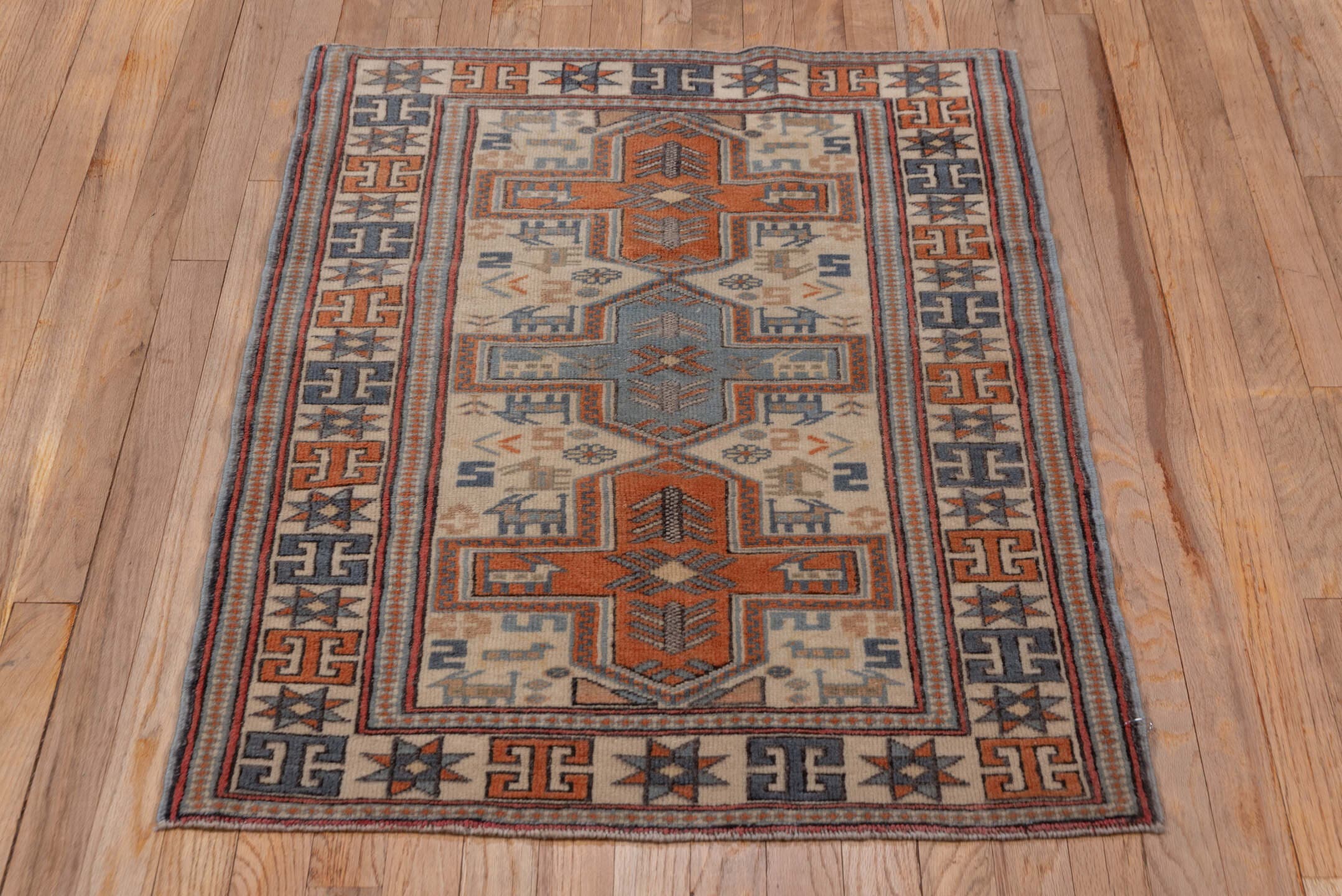 2' x 4' one-of-a-kind handmade vintage Oushak small size rug. Color palette: ivory, rust, blue-gray, slate, taupe