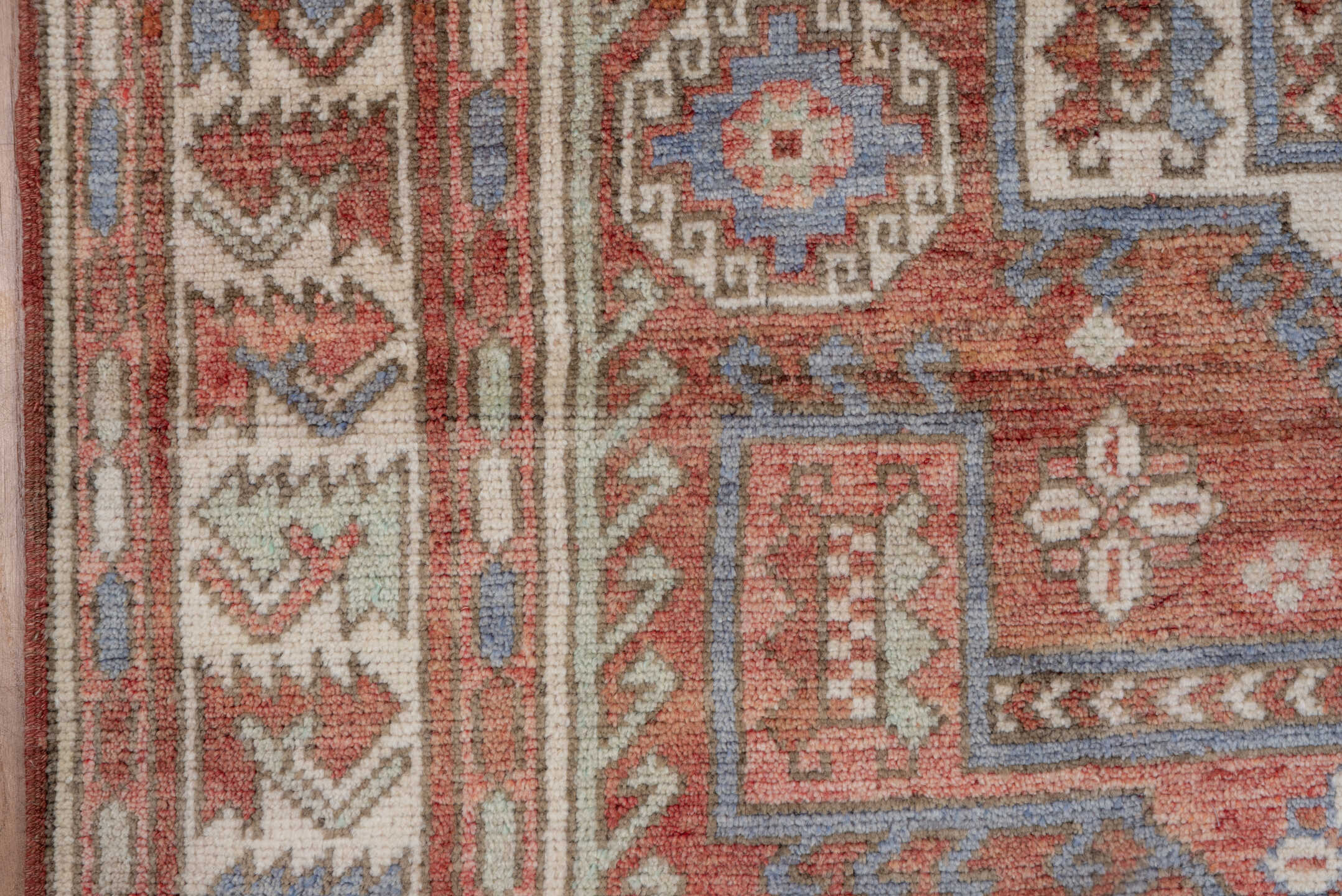 5' x 8' one-of-a-kind handmade vintage Oushak medium size rug. Color palette: terra cotta, ivory, dusty blue, rust, taupe
