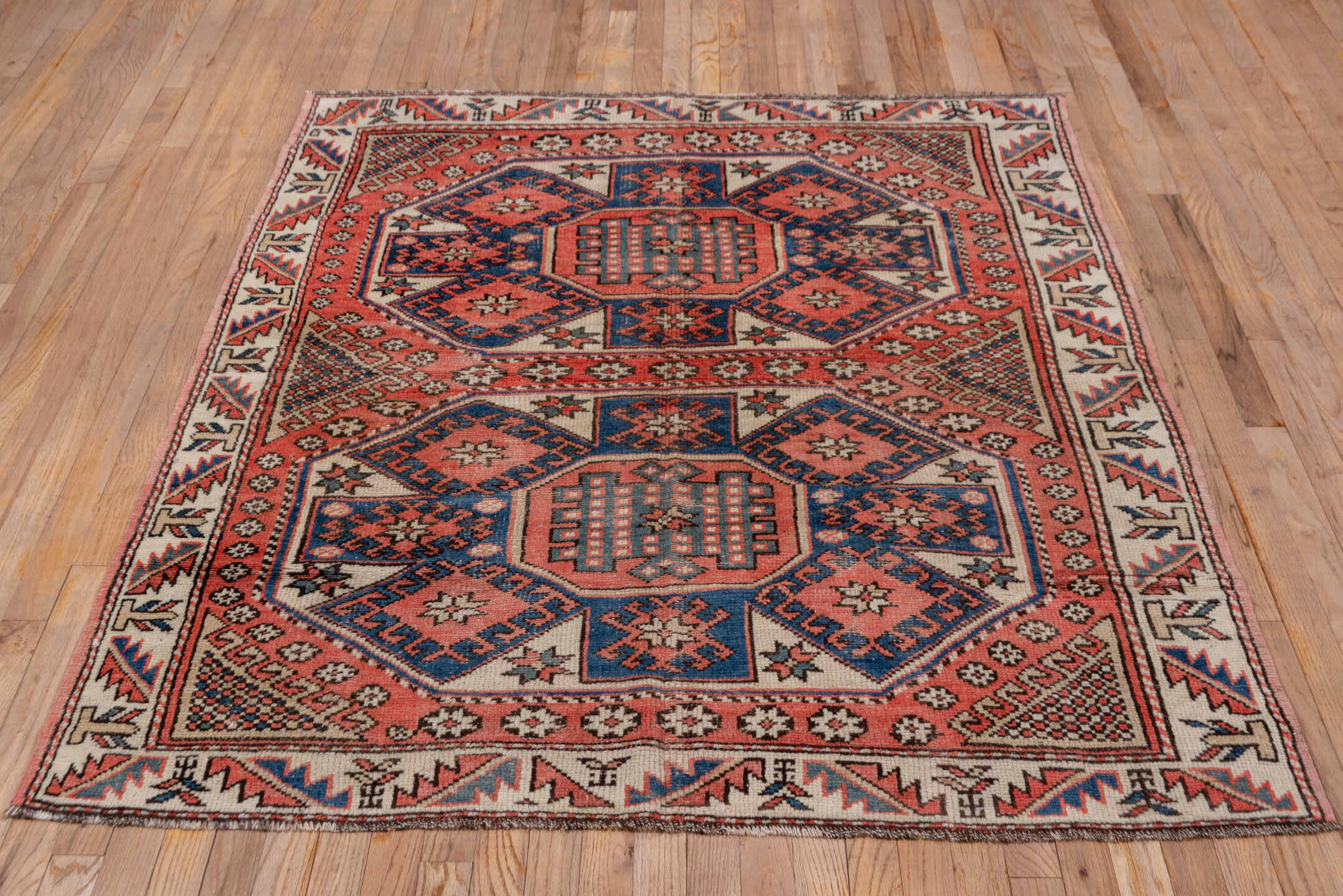 4' x 6' one-of-a-kind handmade vintage Oushak small size rug. Color palette: ivory, coral, navy, rust, charcoal, rose
