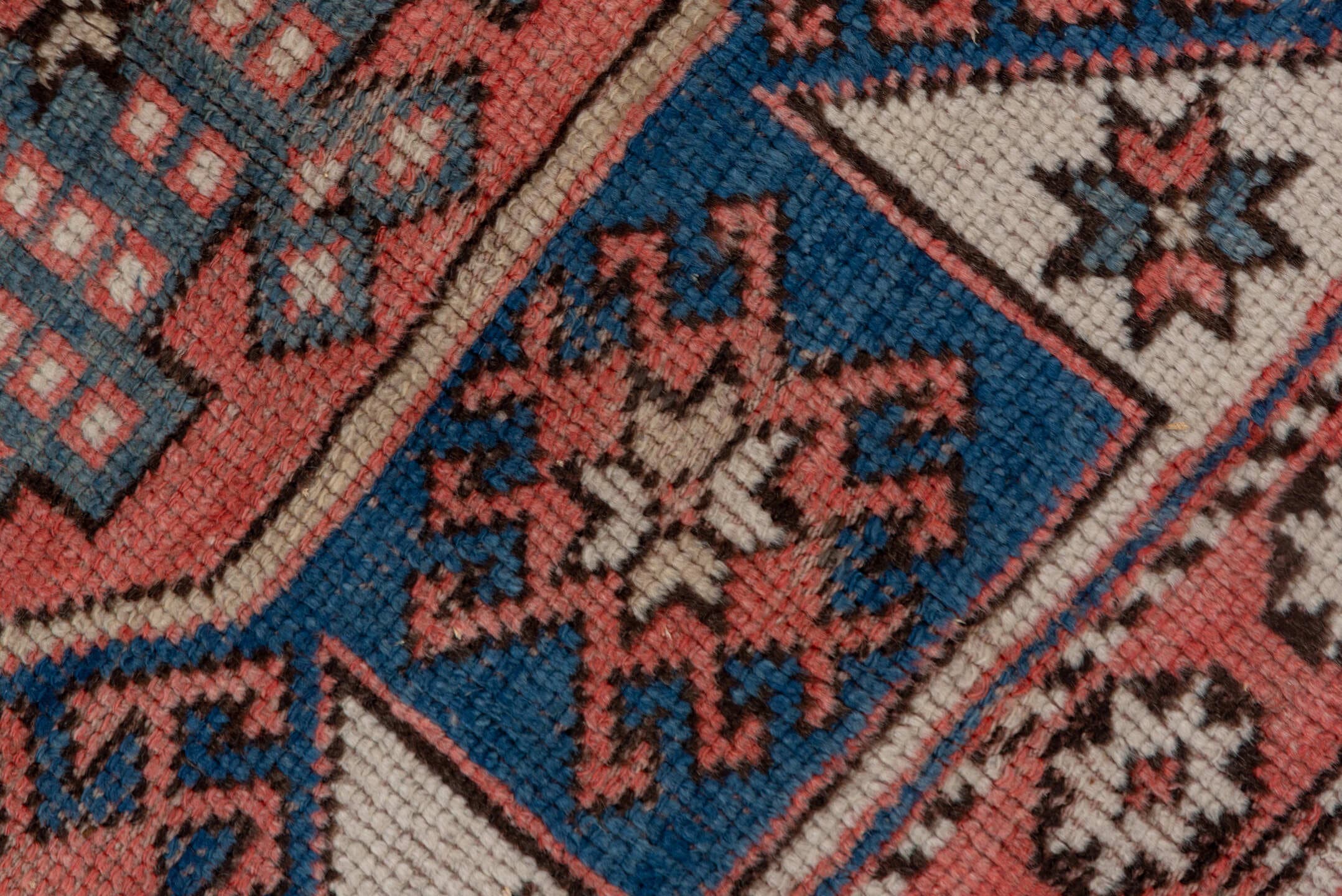 4' x 6' one-of-a-kind handmade vintage Oushak small size rug. Color palette: ivory, coral, navy, rust, charcoal, rose