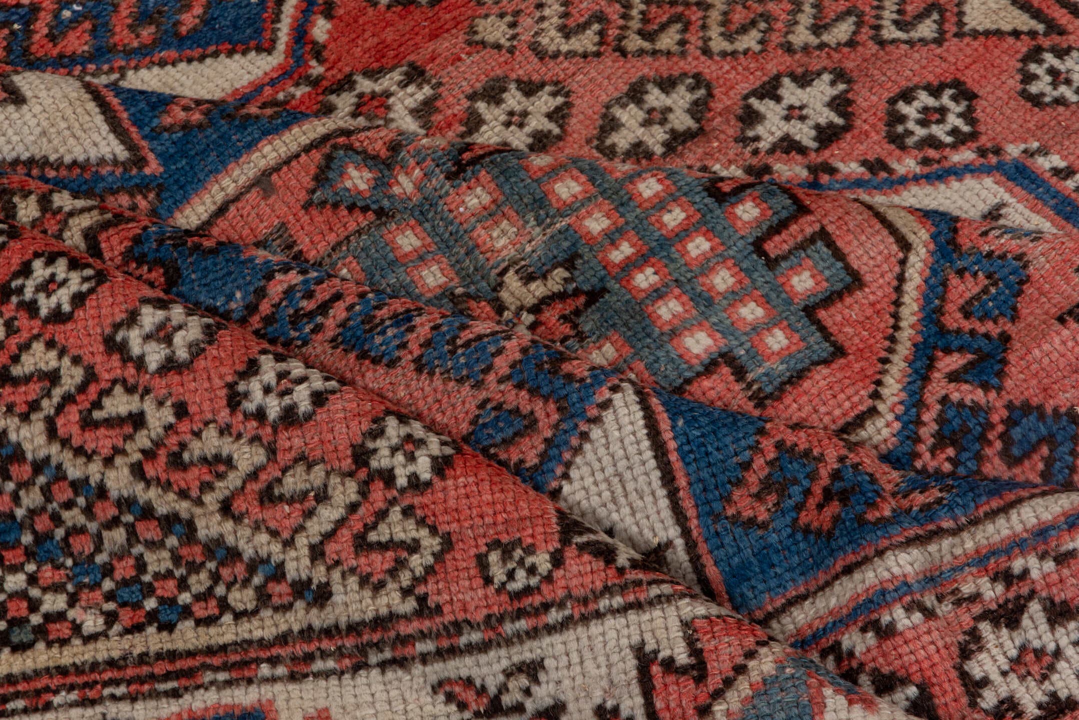 4' x 6' one-of-a-kind handmade vintage Oushak small size rug. Color palette: ivory, coral, navy, rust, charcoal, rose