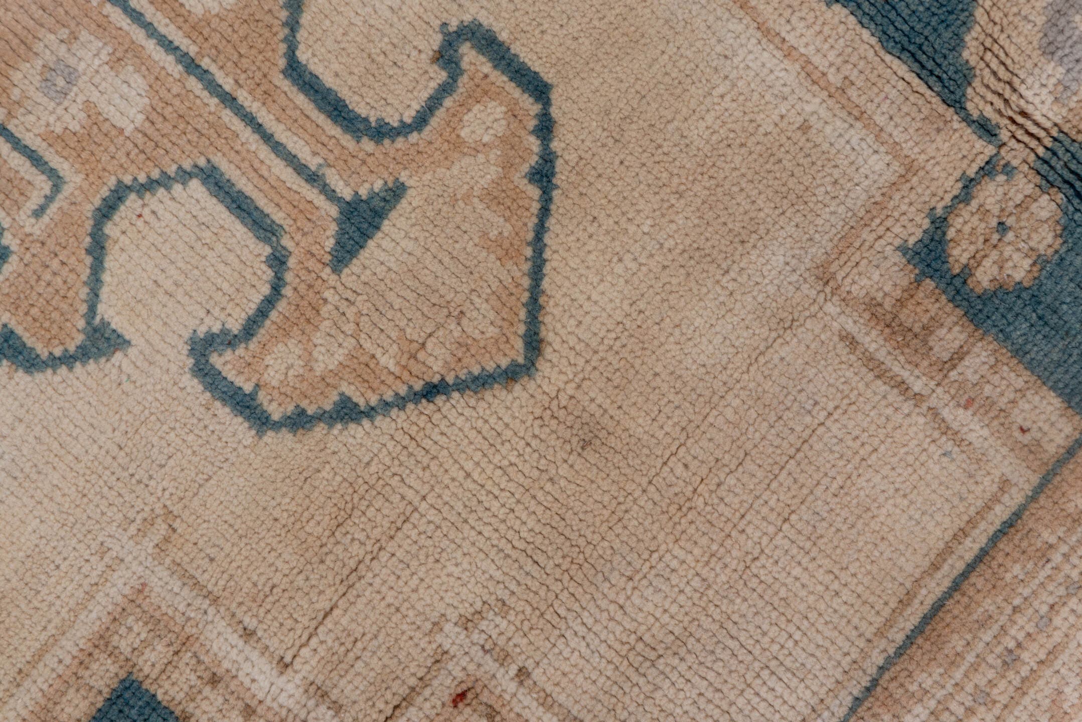 6' x 10' one-of-a-kind handmade vintage Oushak large size rug. Color palette: ivory, blue, beige, taupe, camel, gray